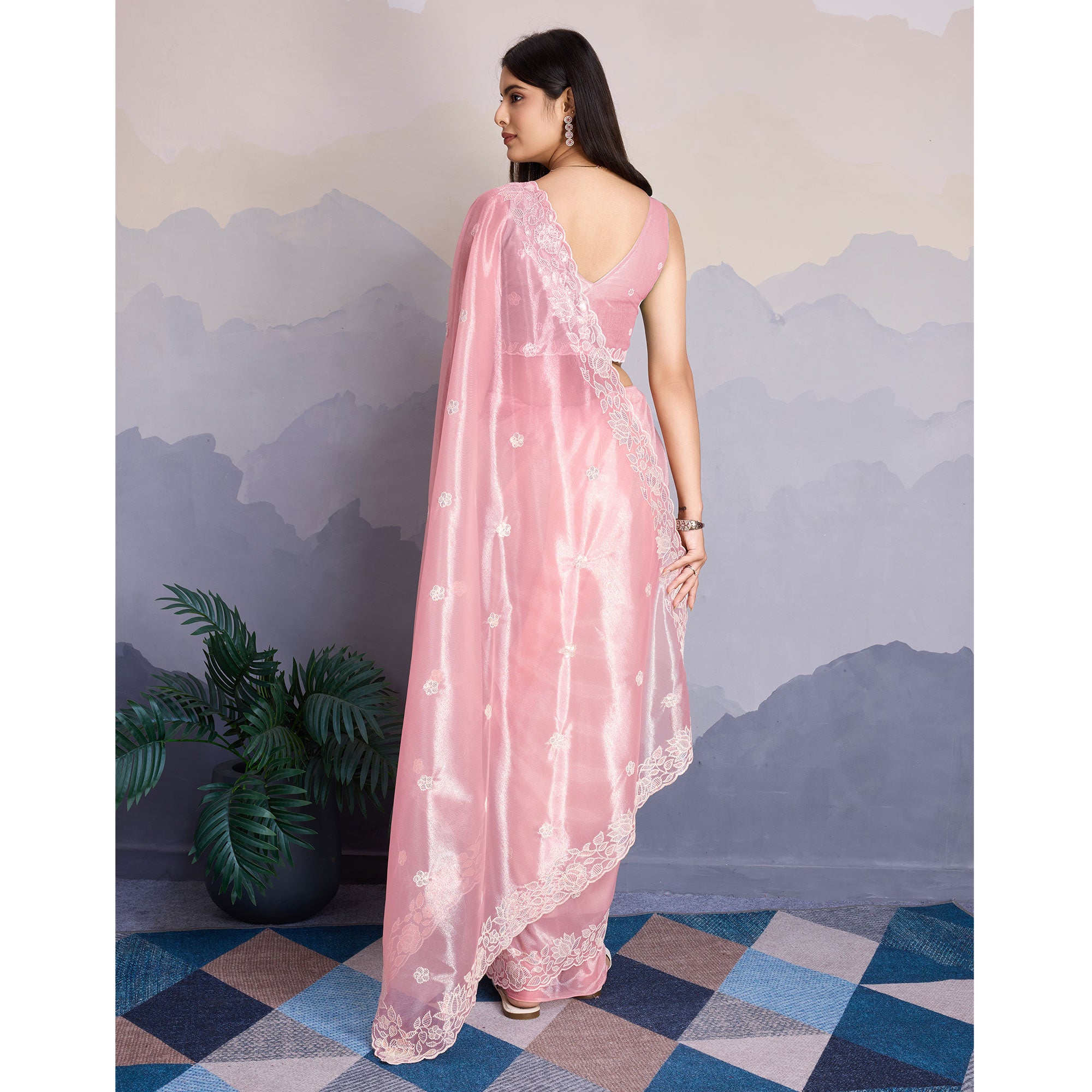 Baby Pink Floral Sequins Embroidered Twill Net Saree