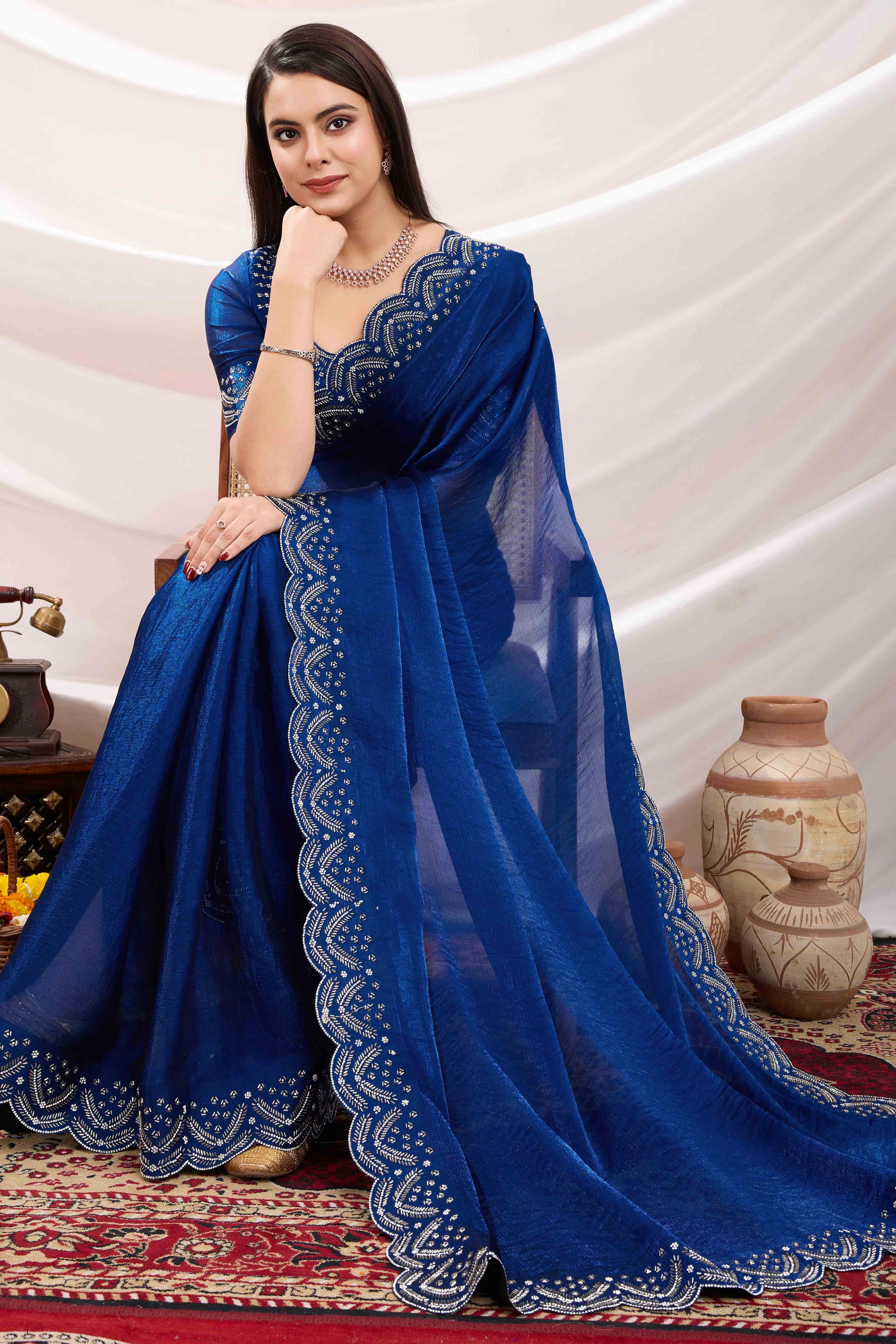 Blue Stone Work Embroidered Velvet Chiffon Saree