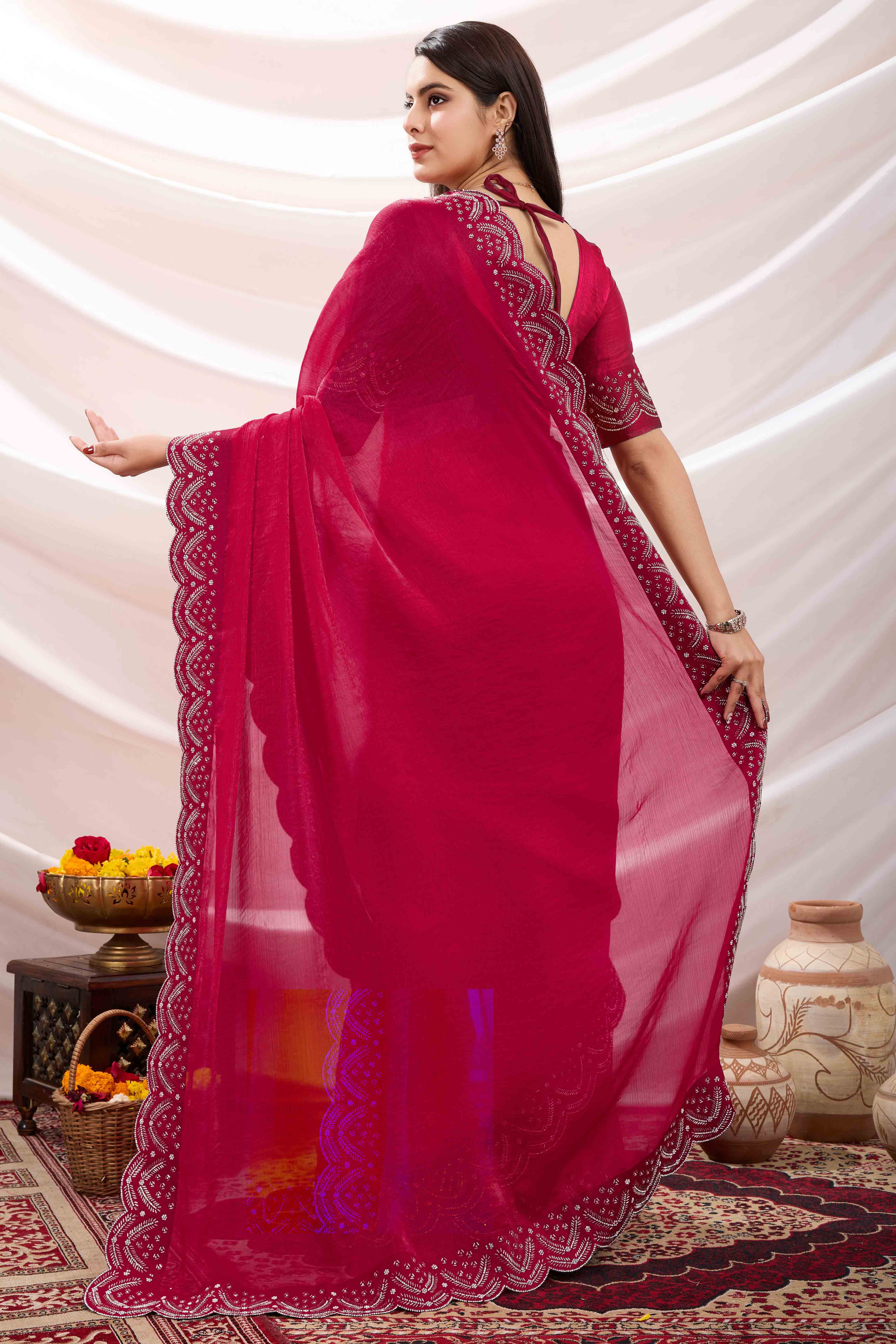 Pink Stone Work Embroidered Velvet Chiffon Saree