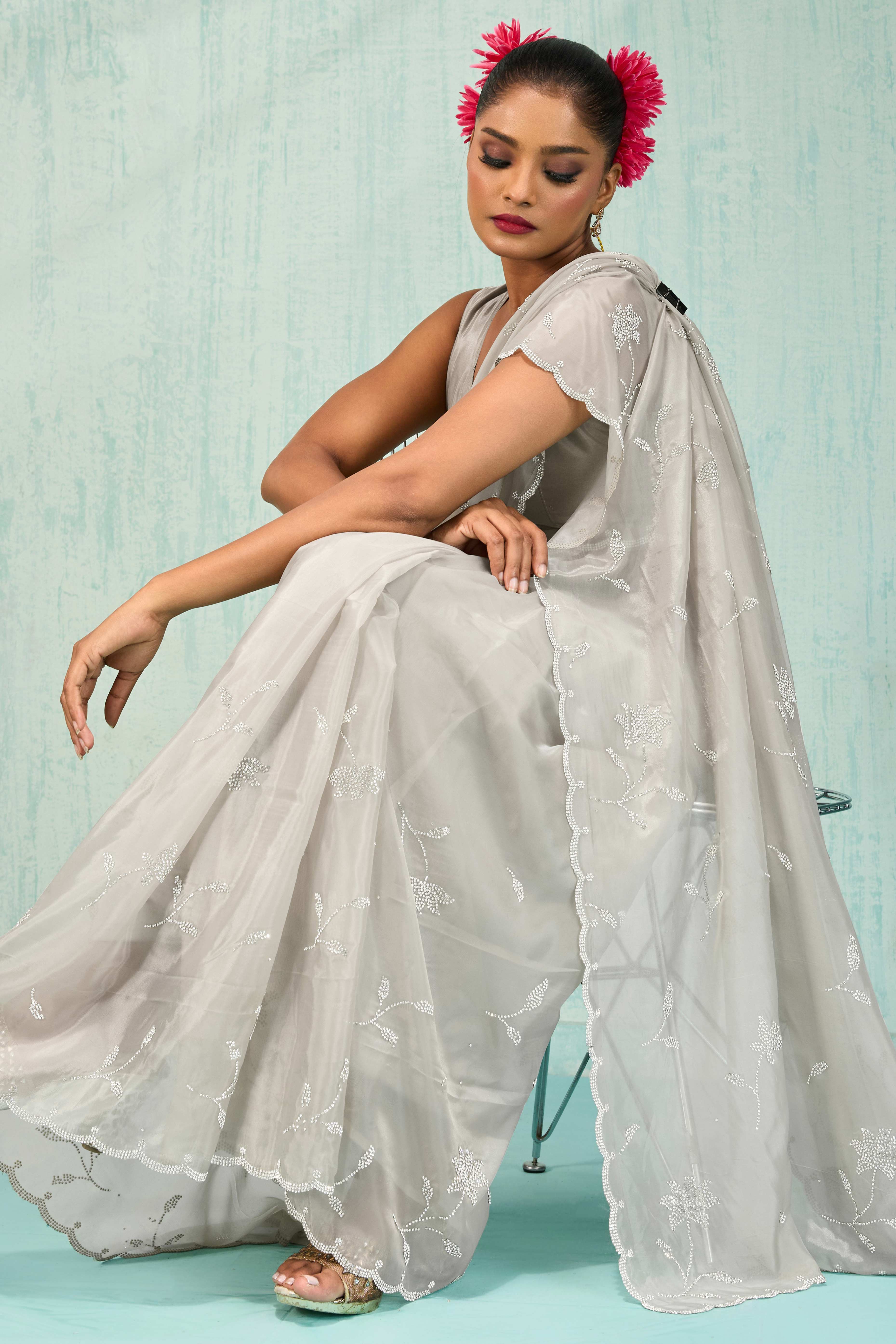 Grey Embellished Viscose Saree Featuring Luxe Crystal Detailing