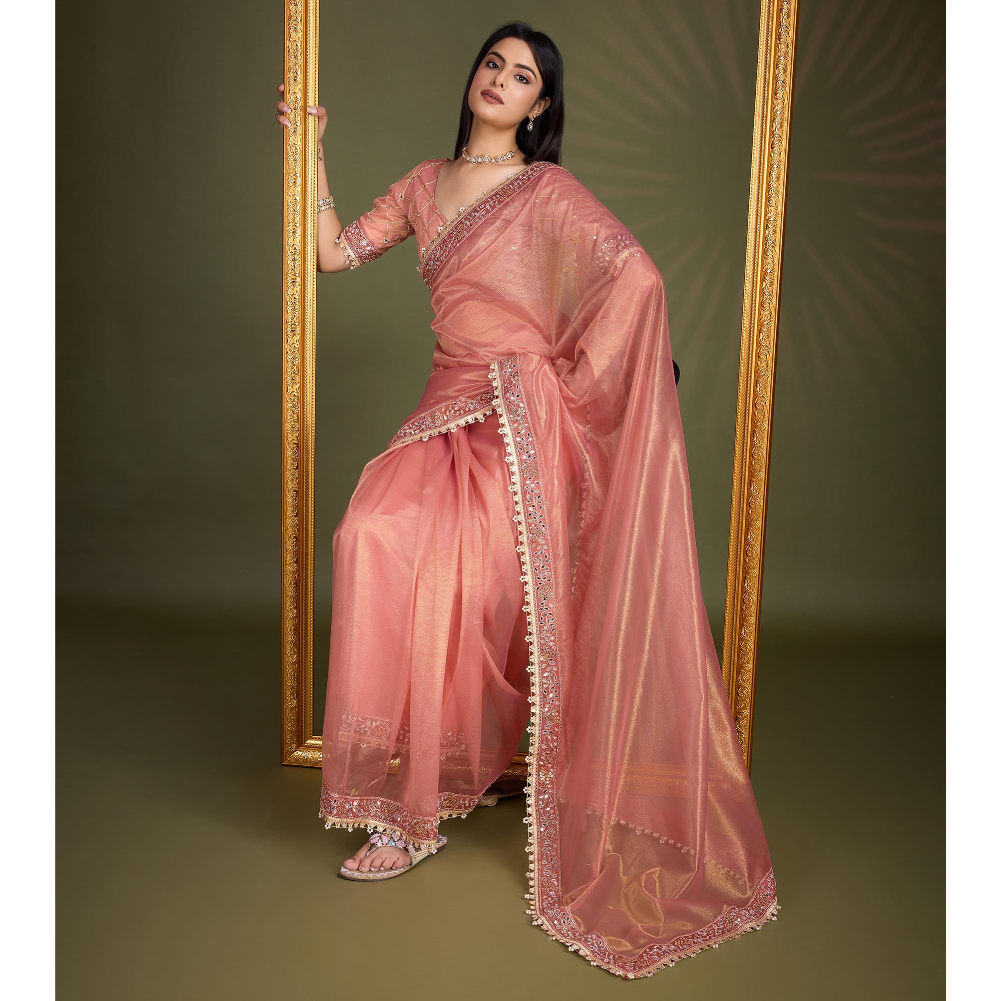 Peach Sequins Embroidery With Mirror Handwork Twill Net Saree