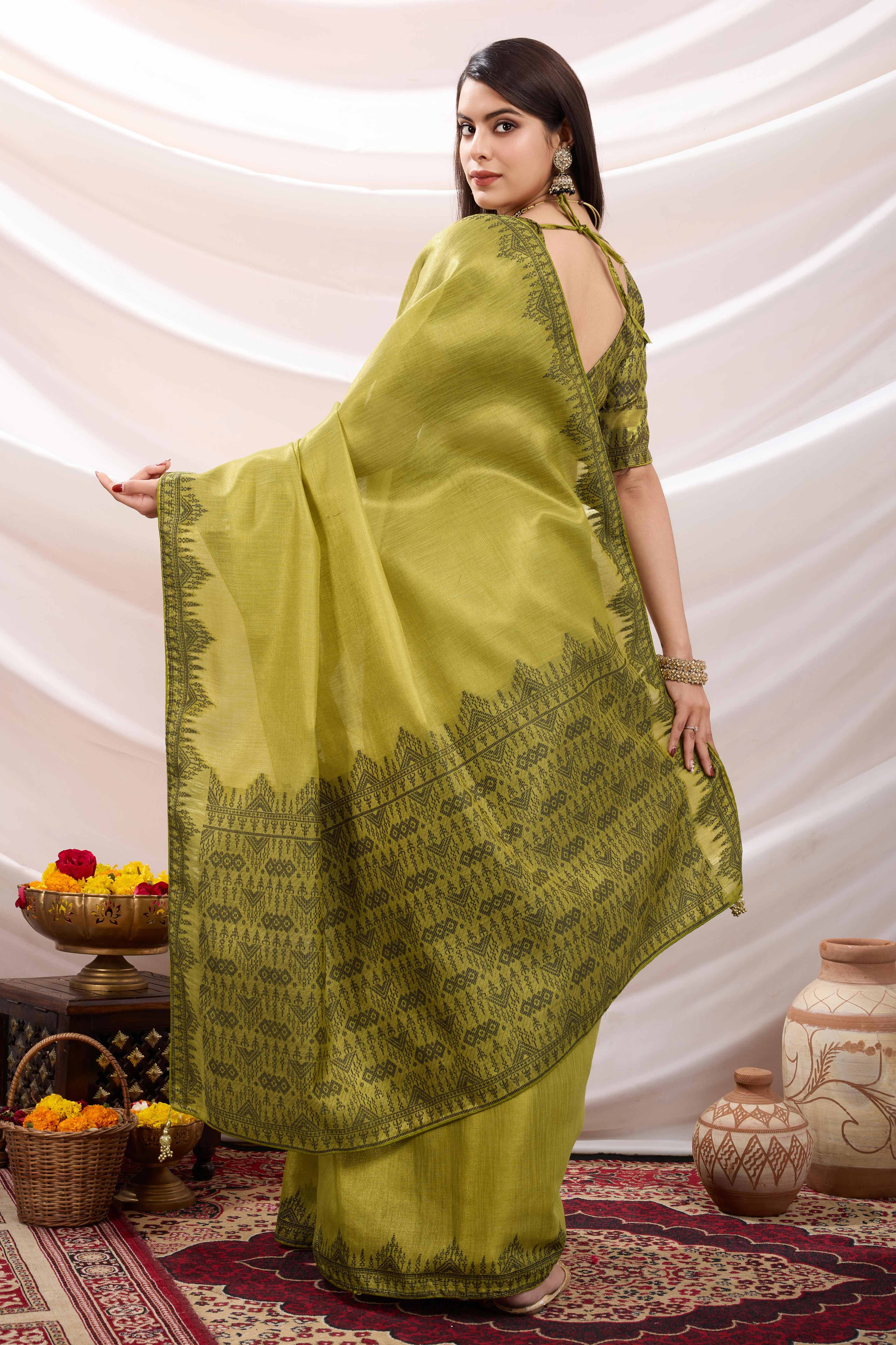 Green Festive Linen Tissue Saree with Zari Borders