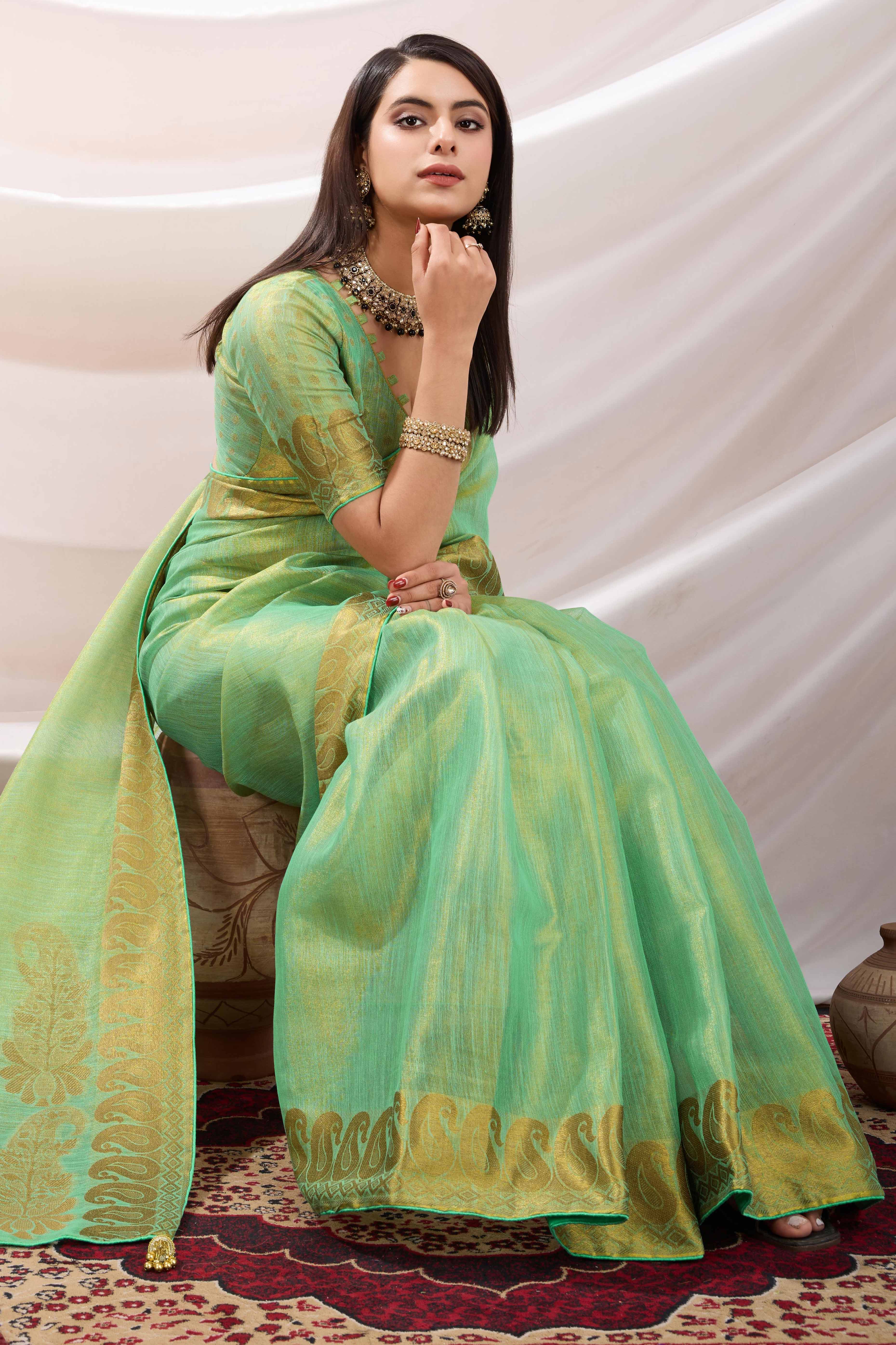 Sea Green Festive Linen Tissue Saree with Zari Borders