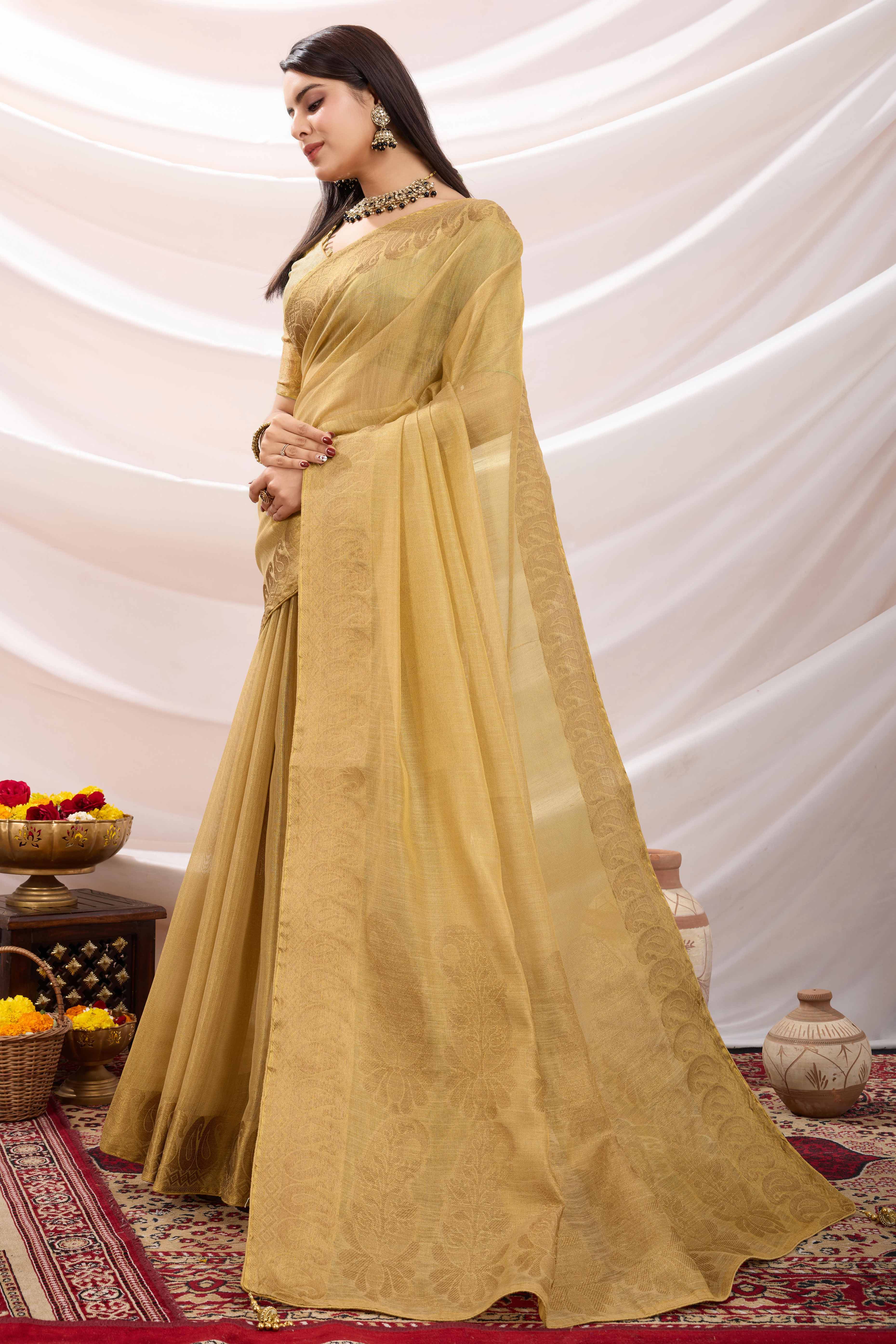 Beige Festive Linen Tissue Saree with Zari Borders