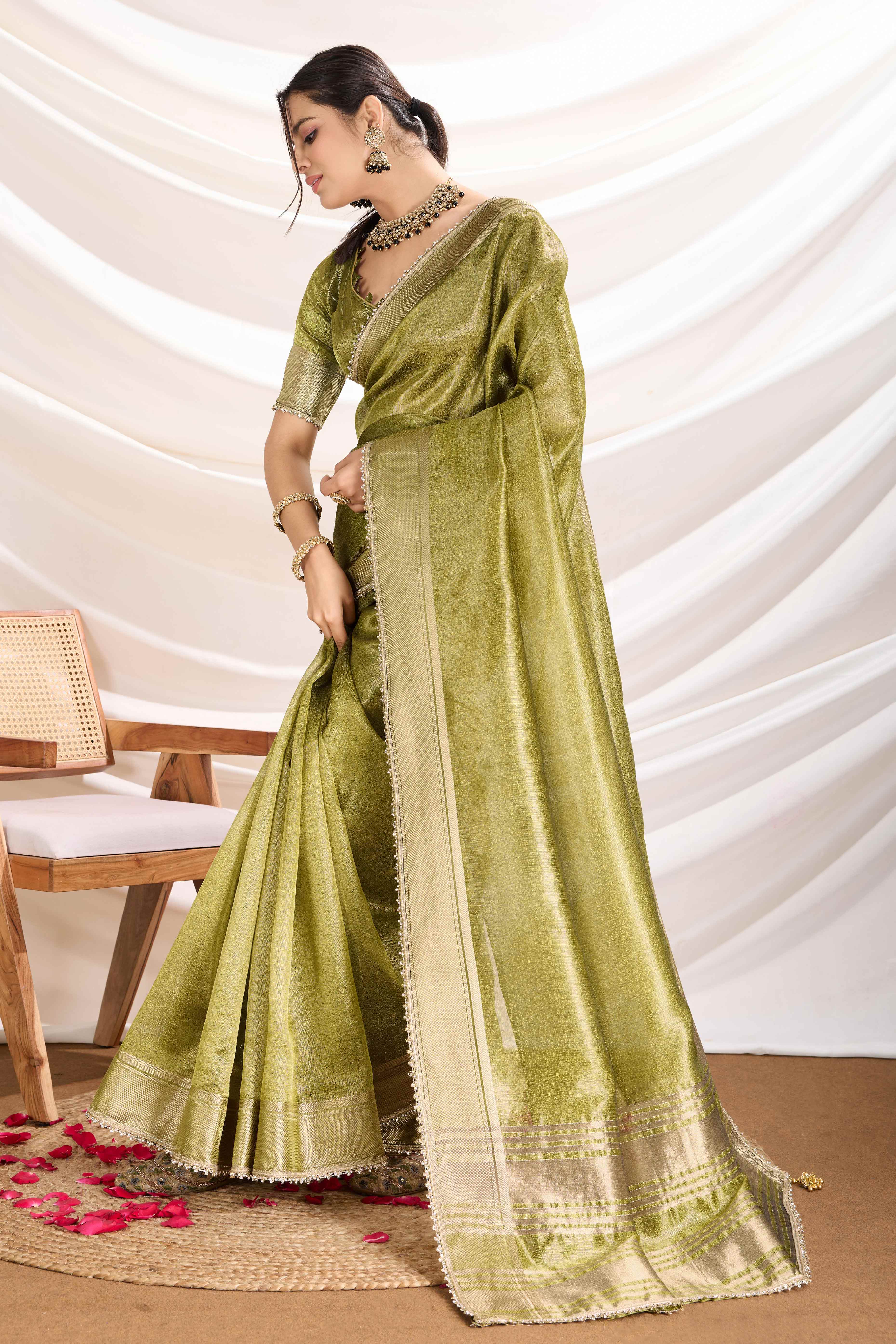 Green Solid Linen Tissue Saree With Weaving & Zarkan Lace Border