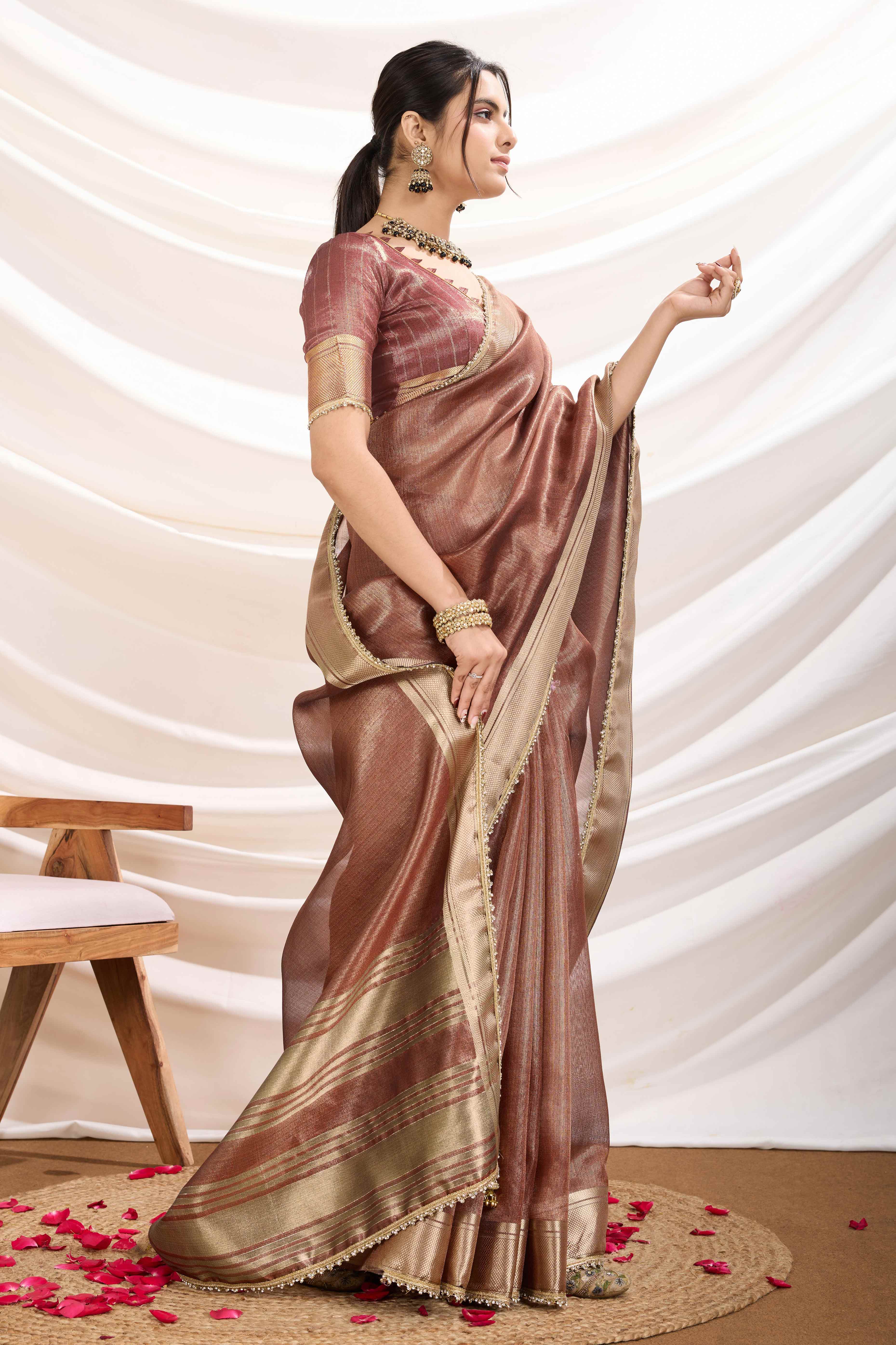 Brown Solid Linen Tissue Saree With Weaving & Zarkan Lace Border