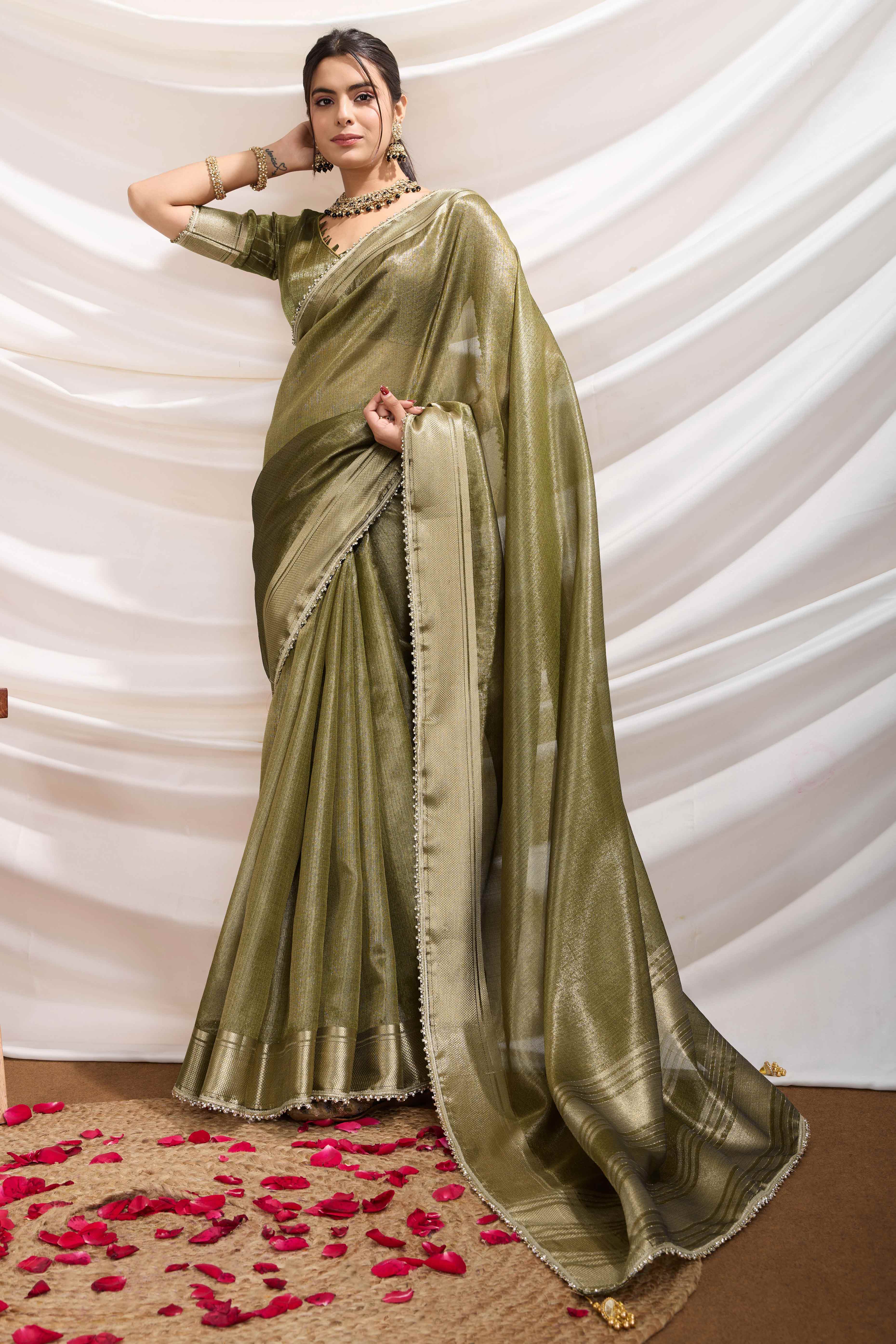 Mehendi Green Solid Linen Tissue Saree With Weaving & Zarkan Lace Border