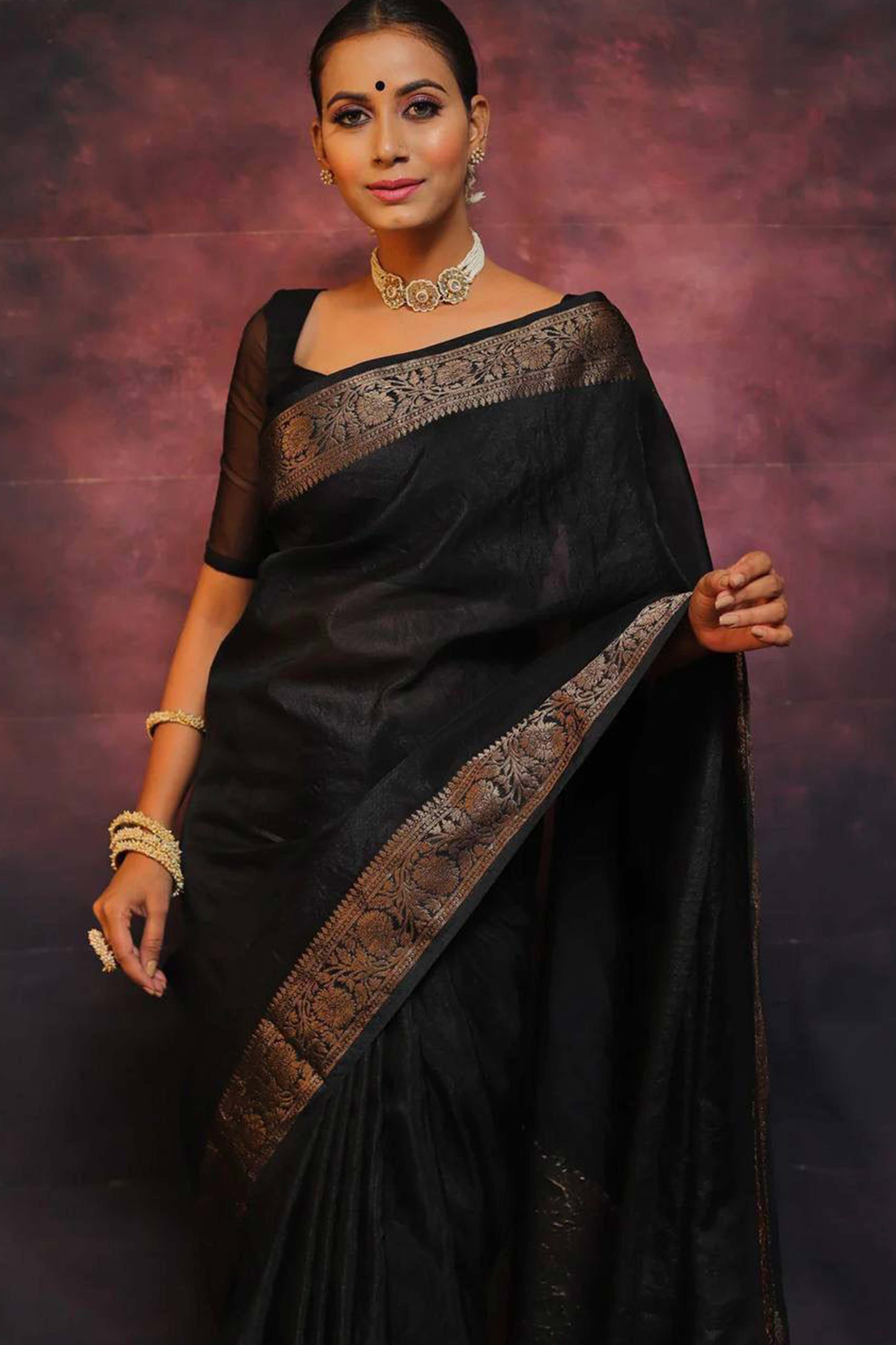 Black Floral Woven Lichi Banarasi Silk Saree