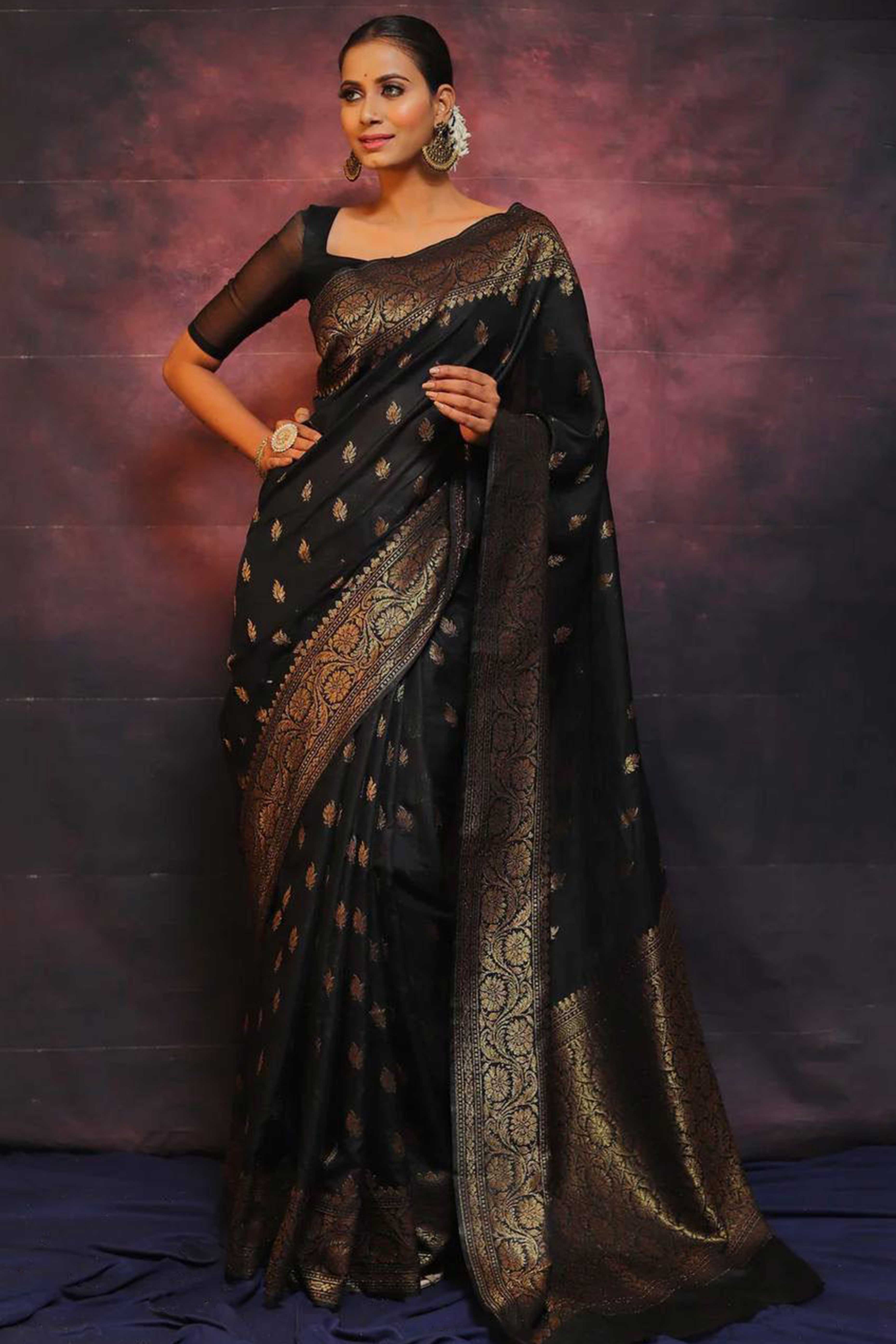 Black Organic Banarasi Silk Saree with Floral Zari Craftsmanship