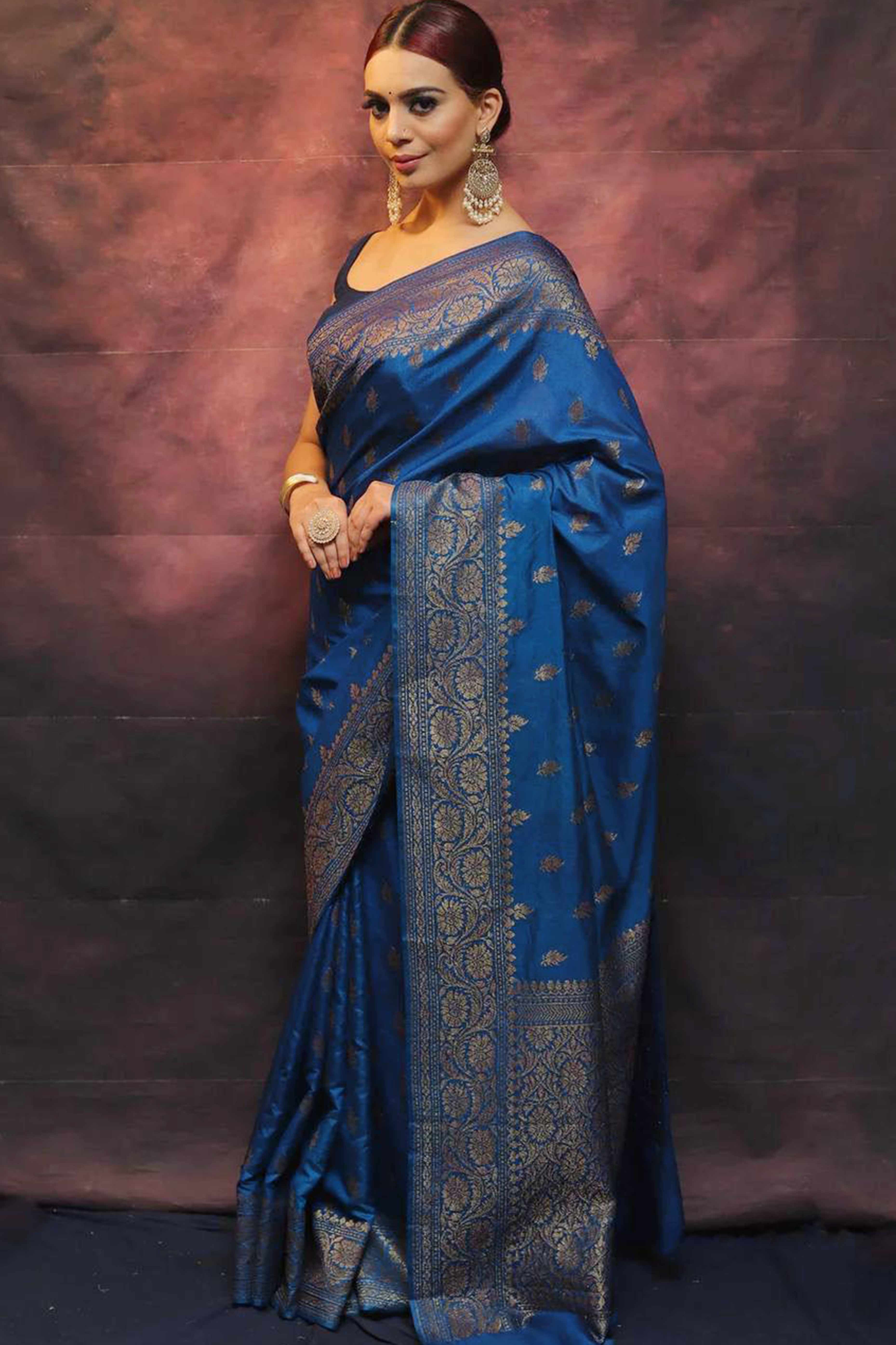 Blue Organic Banarasi Silk Saree with Floral Zari Elegance