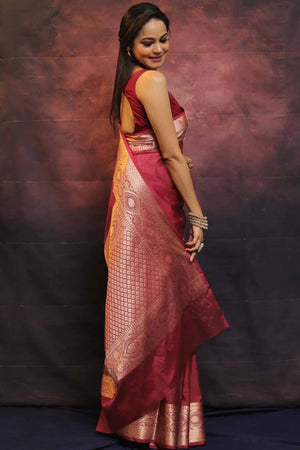 Regal Maroon Floral Zari Woven Lichi Banarasi Silk Saree