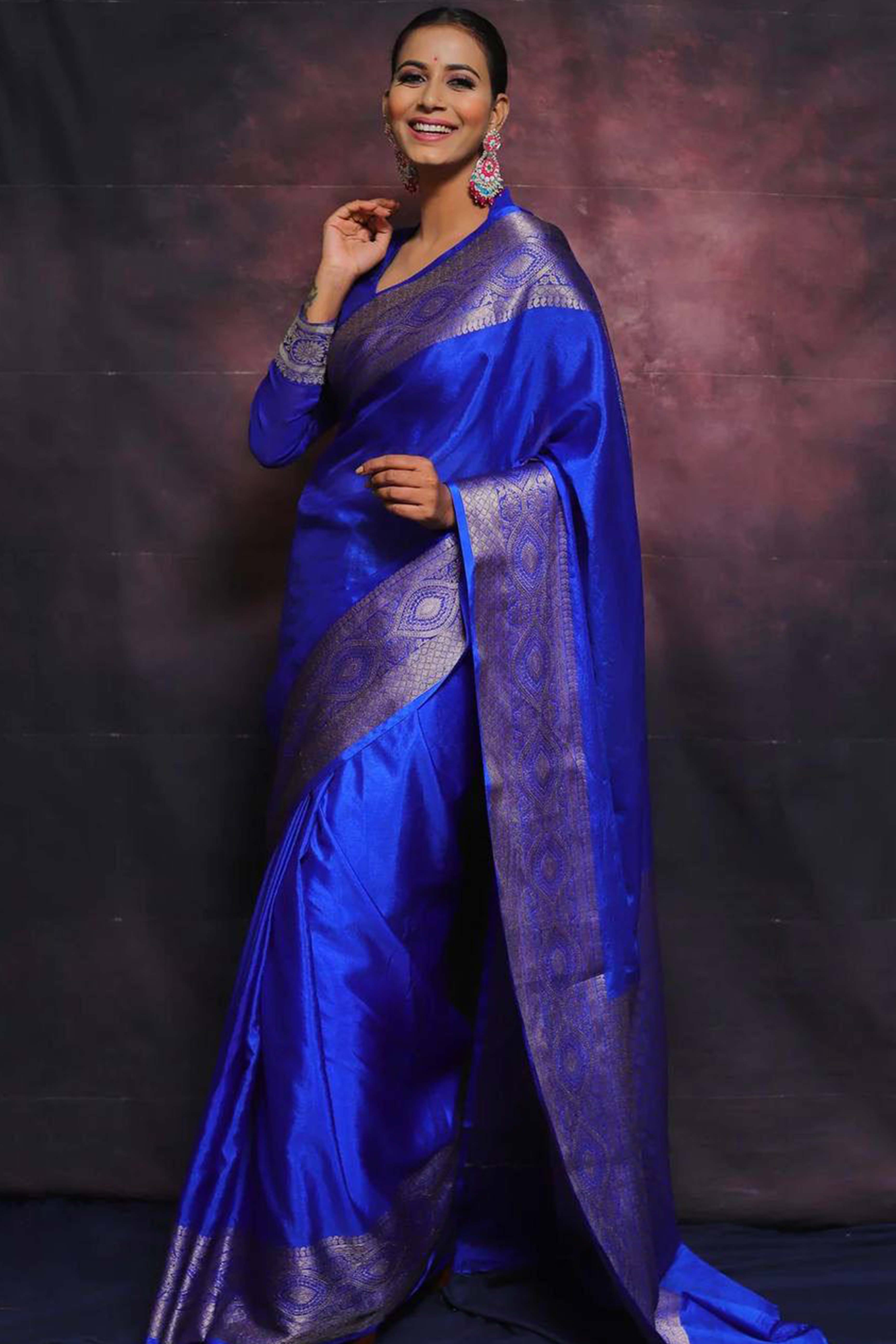 Majestic Royal Blue Floral Zari Woven Lichi Banarasi Silk Saree