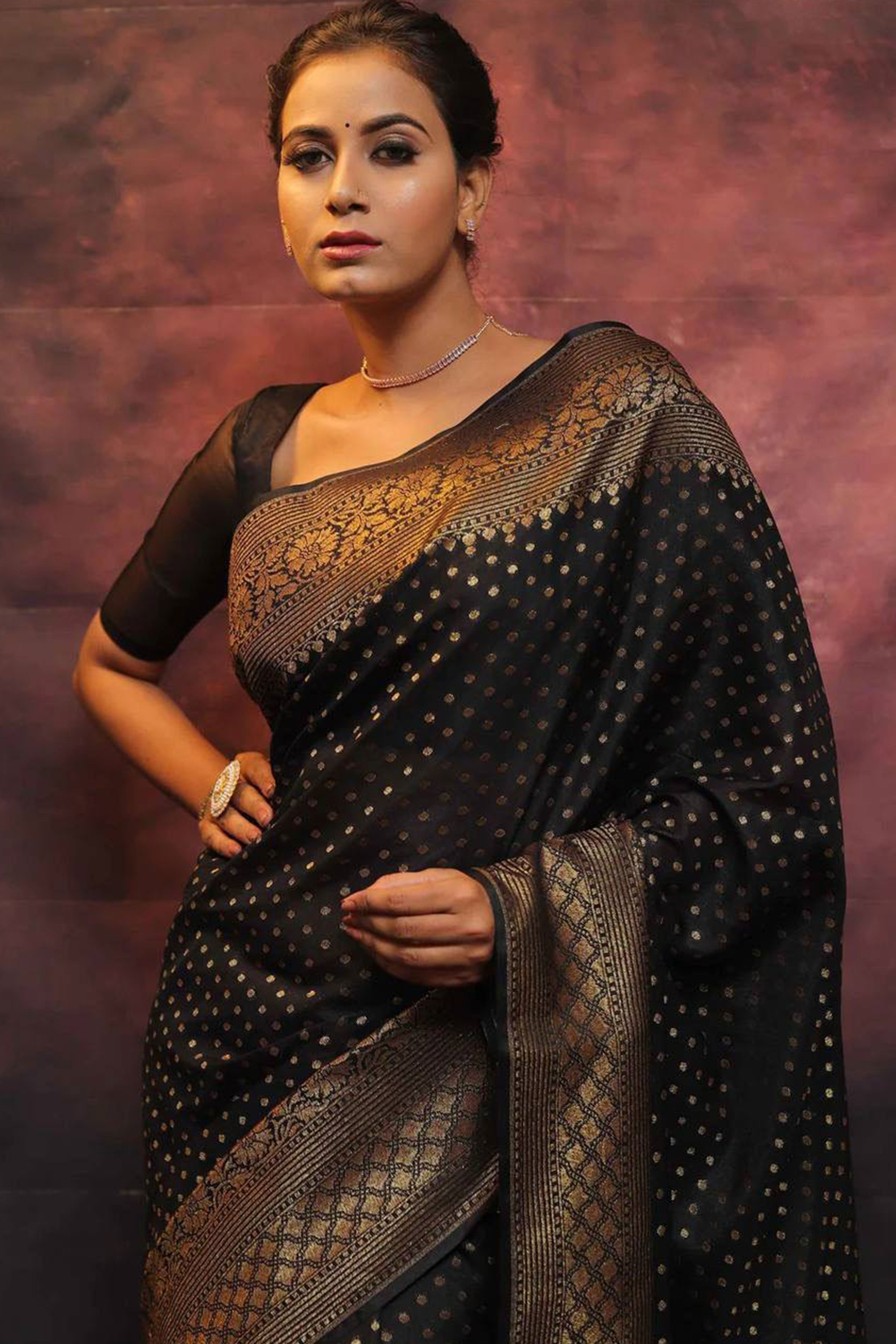 Black Floral Woven Lichi Banarasi Silk Saree
