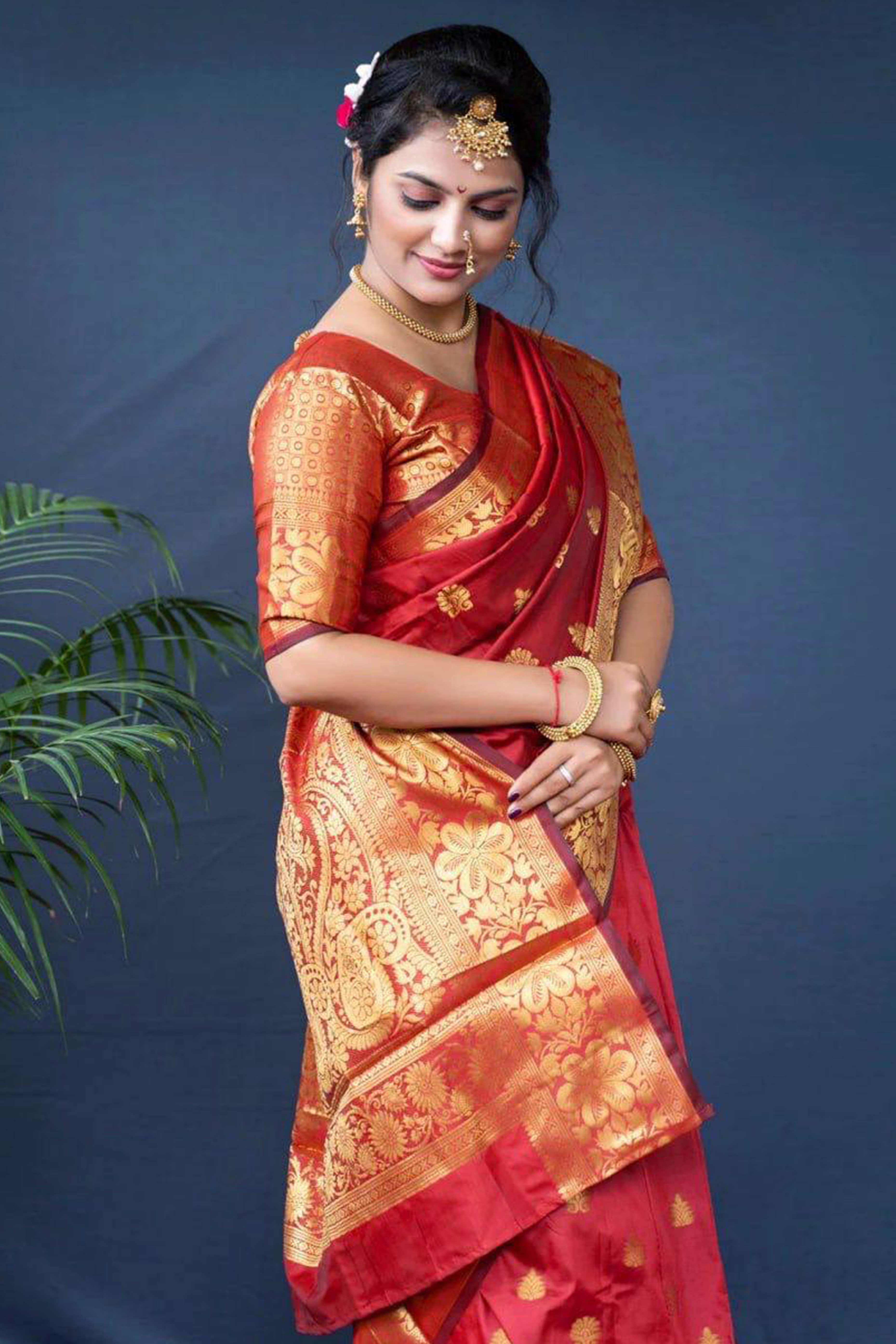 Red Banarasi Silk Saree With Intricate Zari Butti Weaving