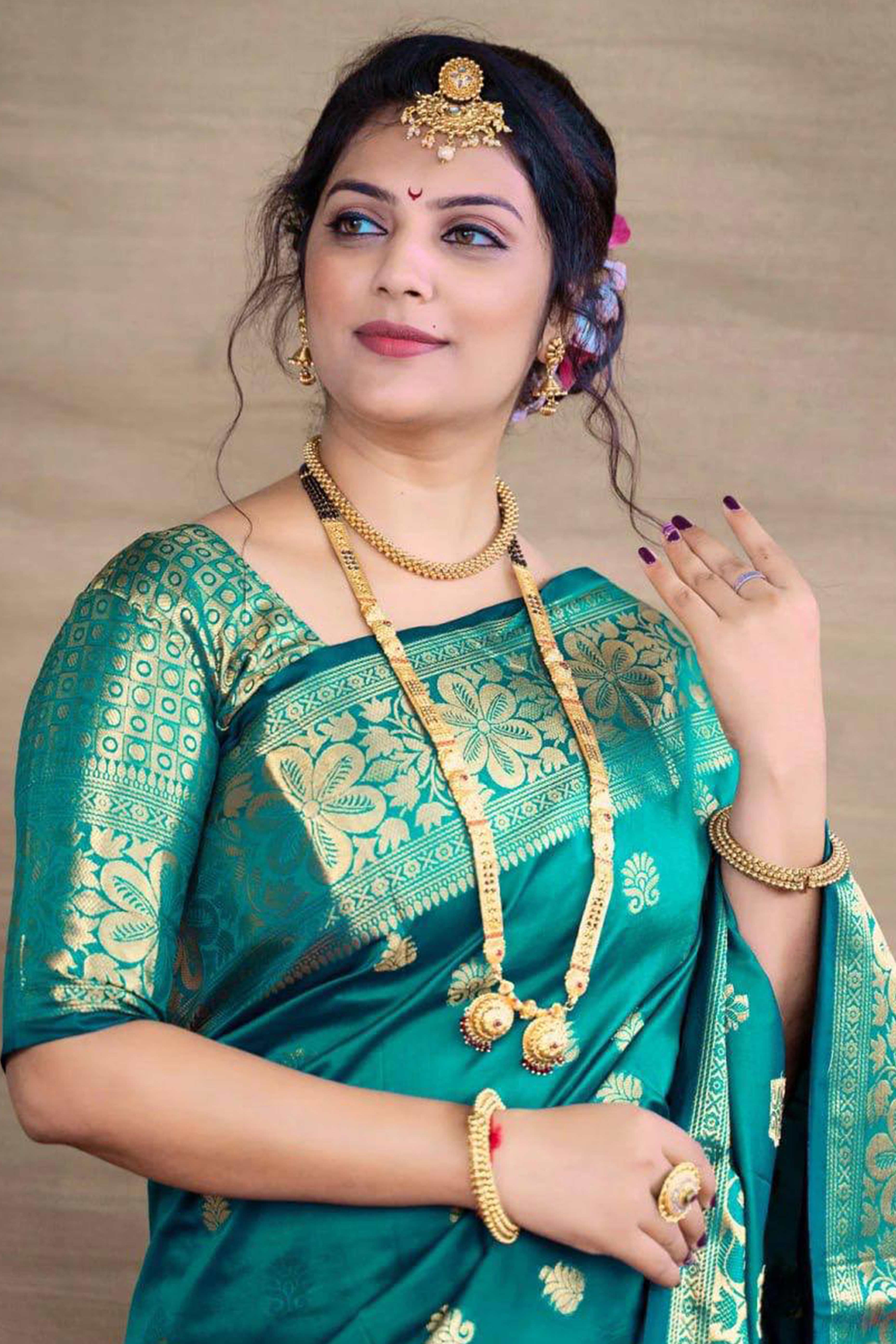Turquoise Banarasi Silk Saree With Intricate Zari Butti Weaving