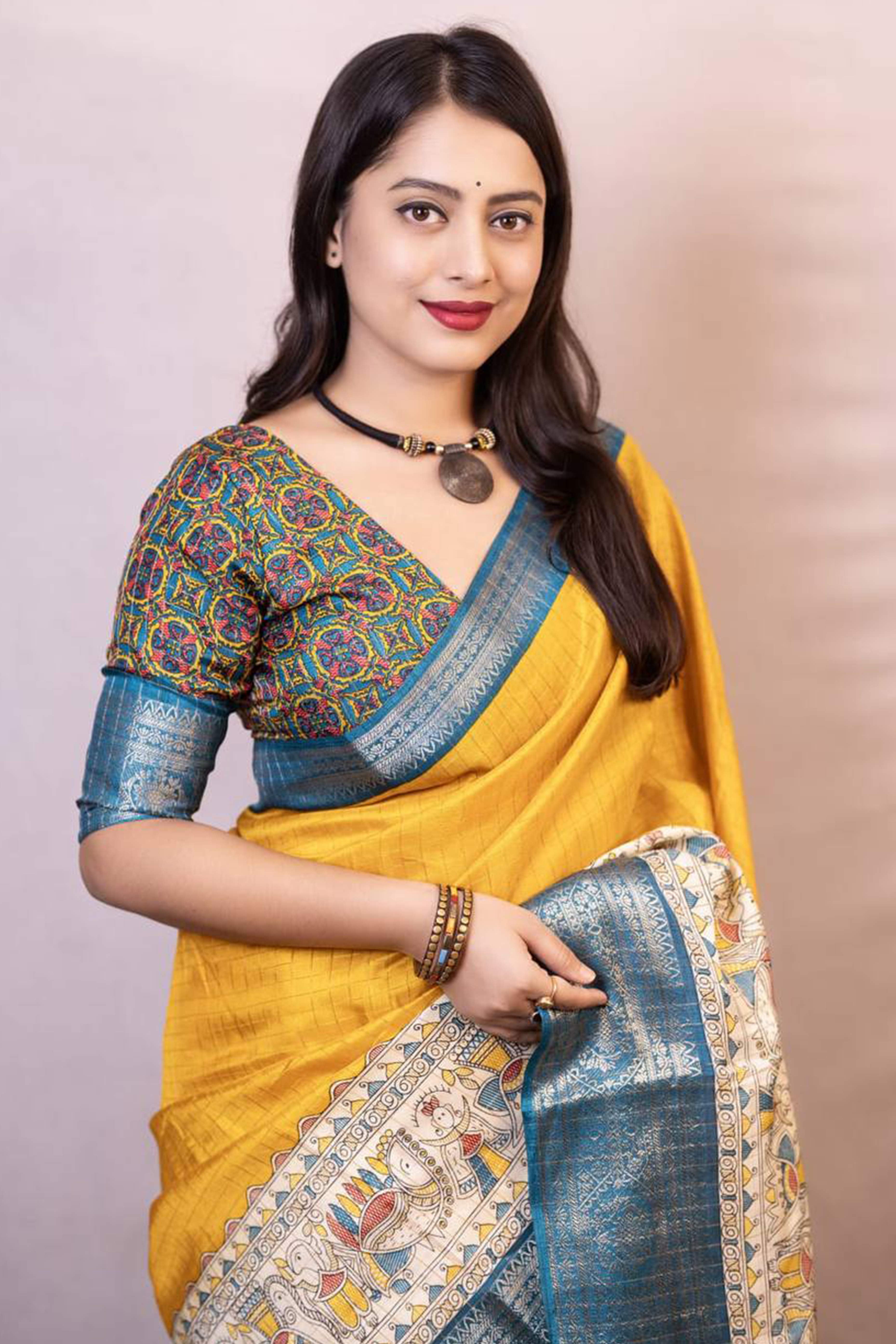 Mustard Printed With Zari Checks Dola Silk Saree