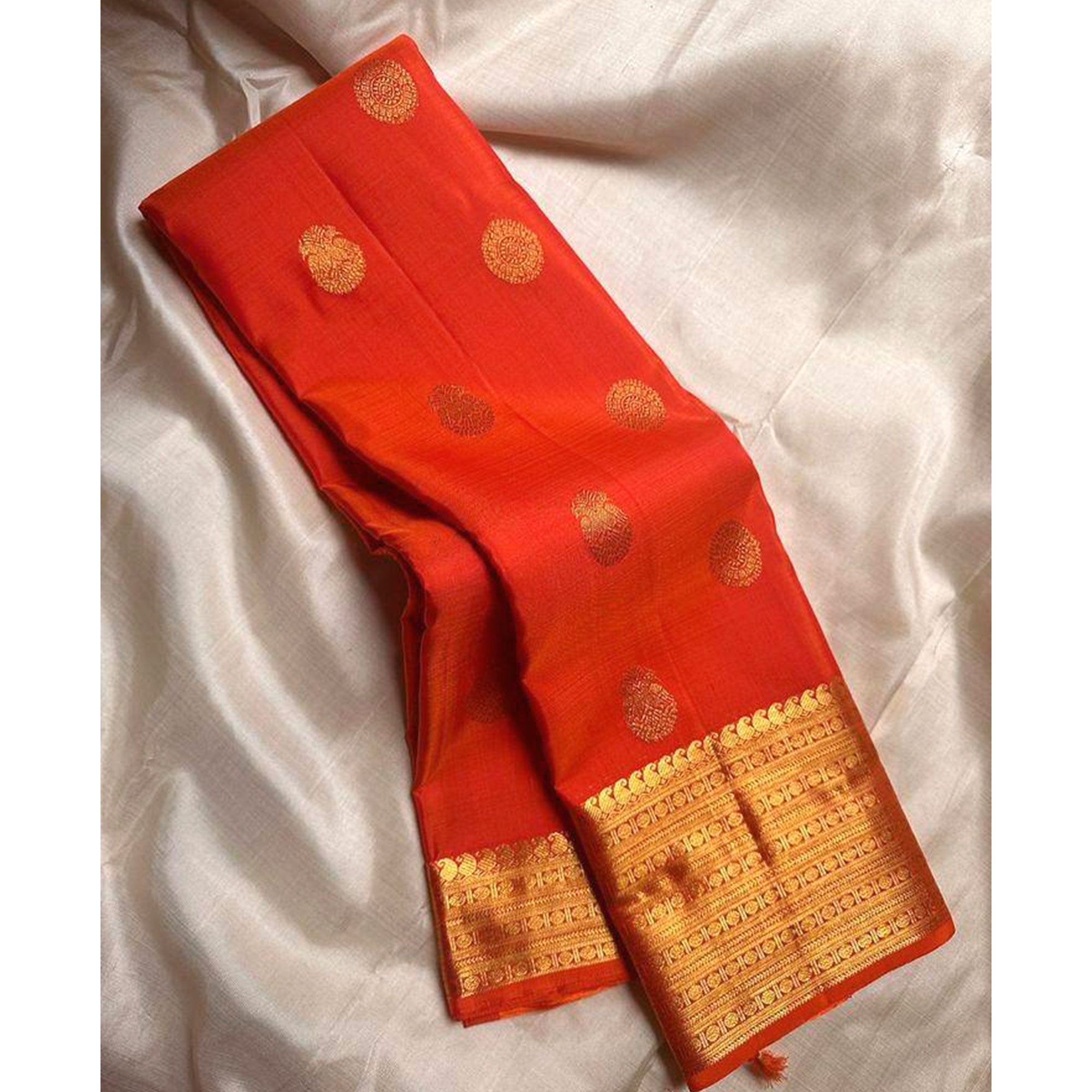 Orange Floral Woven Lichi Banarasi Silk Saree