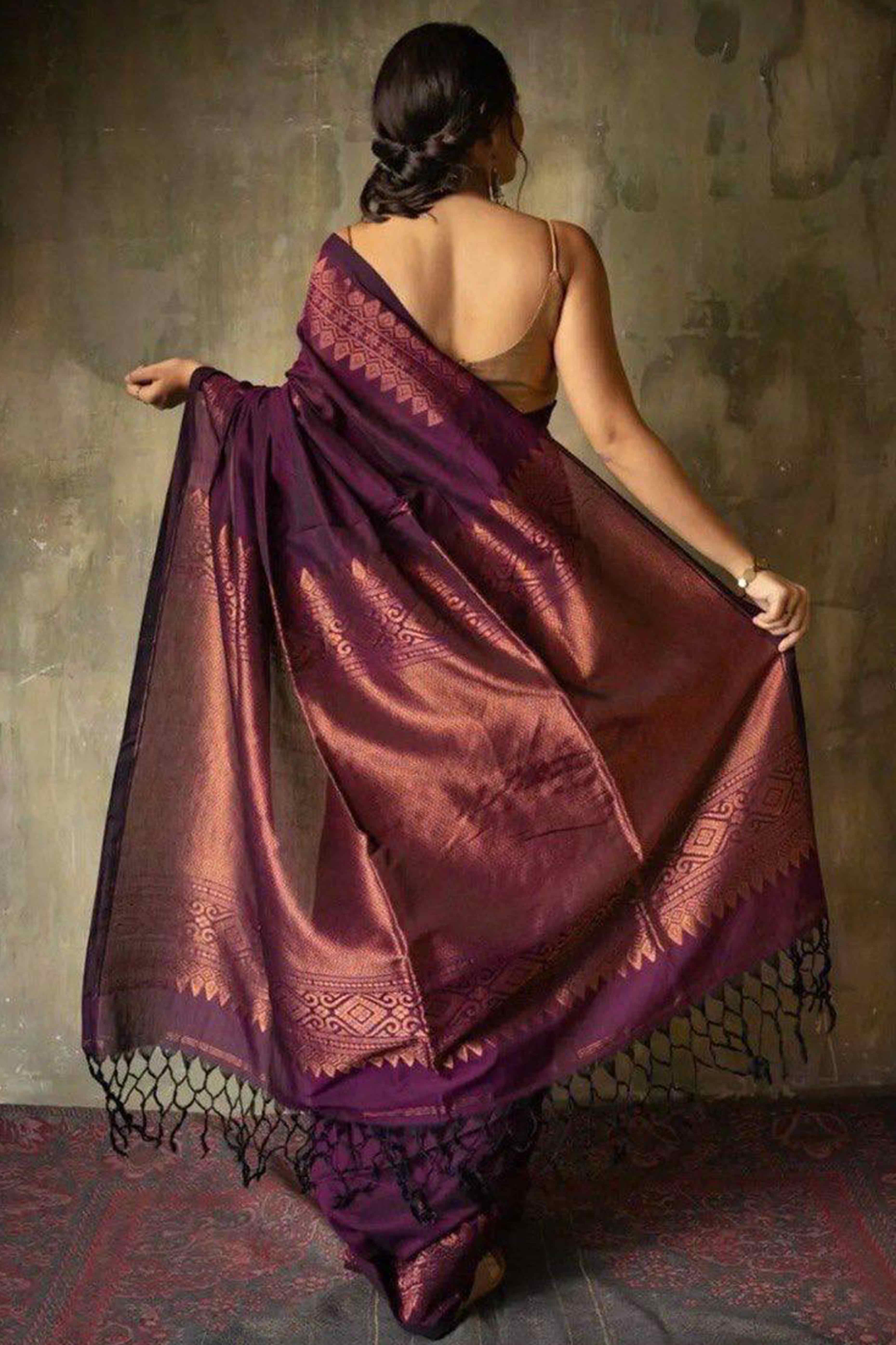 Wine Floral Woven Lichi Banarasi Silk Saree