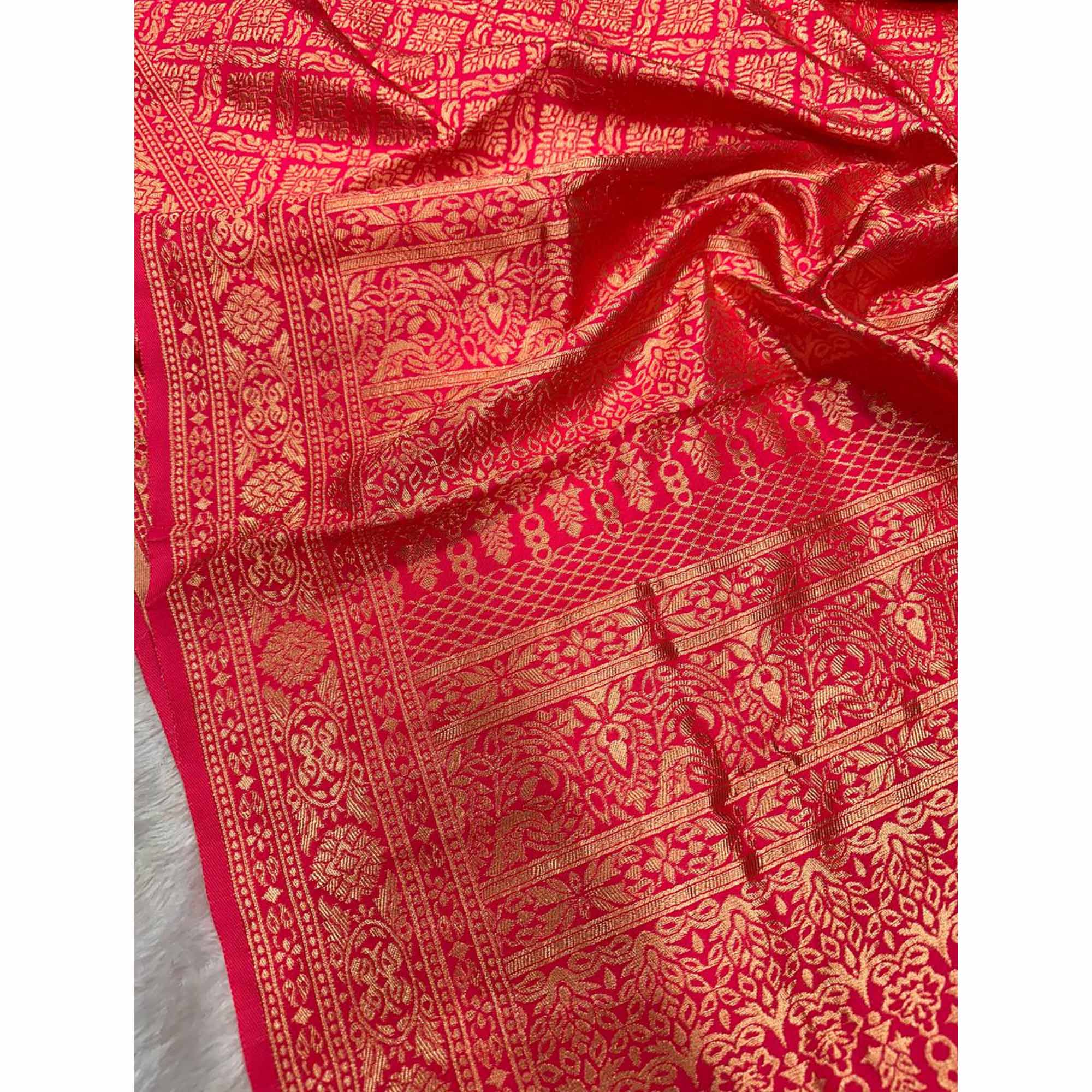 Pink Banarasi Silk Saree With Intricate Zari Floral Weaving