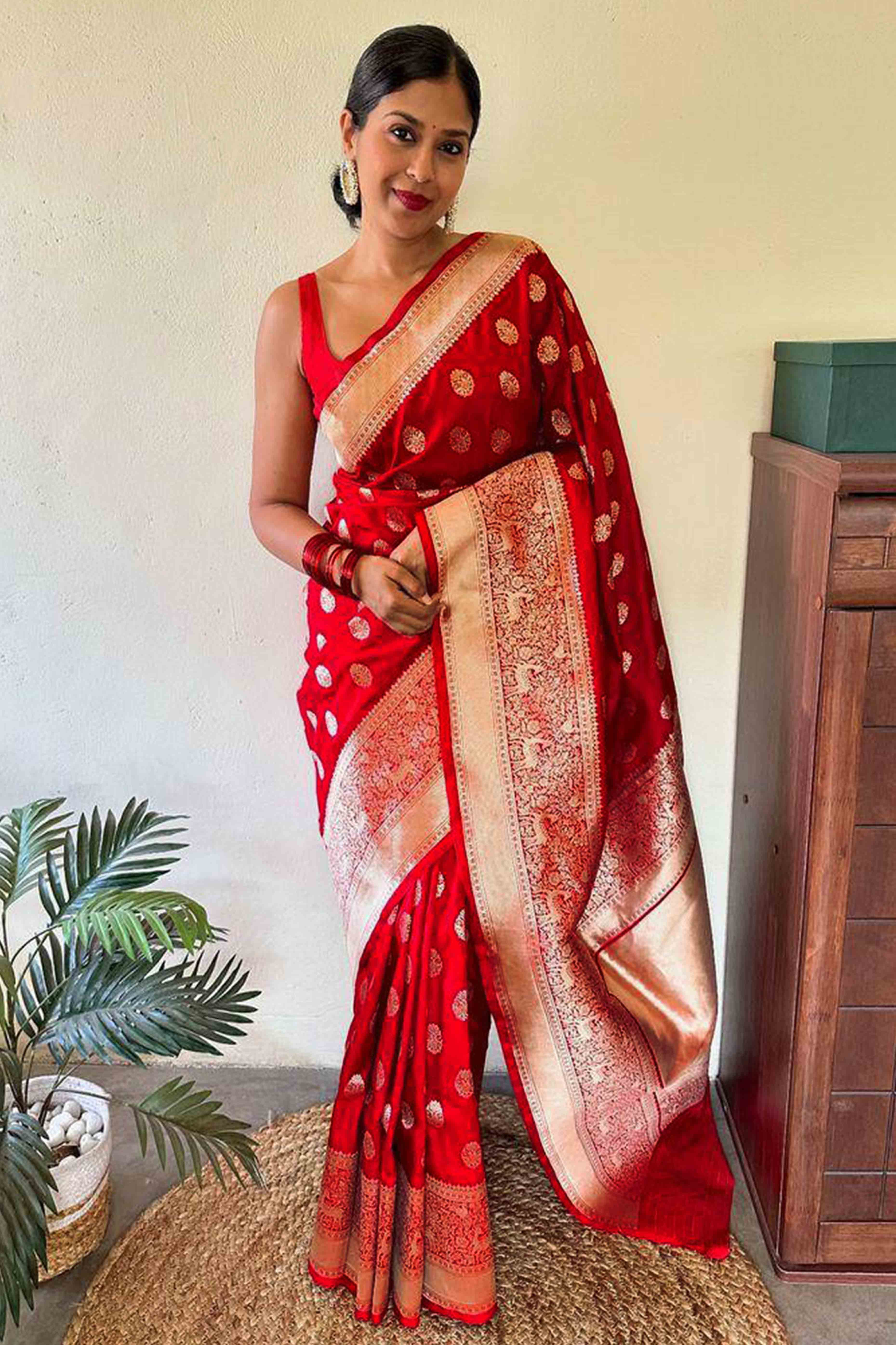 Radiant Red Banarasi Silk Saree With Intricate Zari Butti Weaving