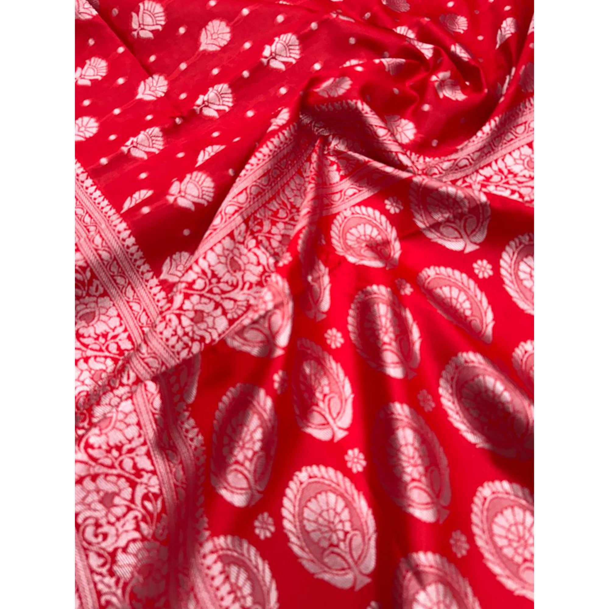 Red Floral Woven Lichi Banarasi Silk Saree