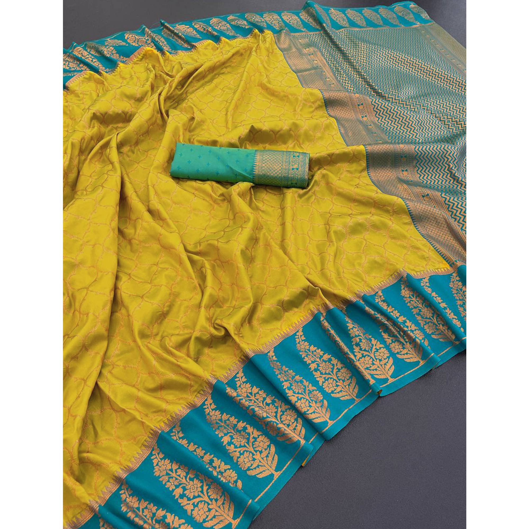 Mustard Floral Woven Kanjivaram Silk Saree