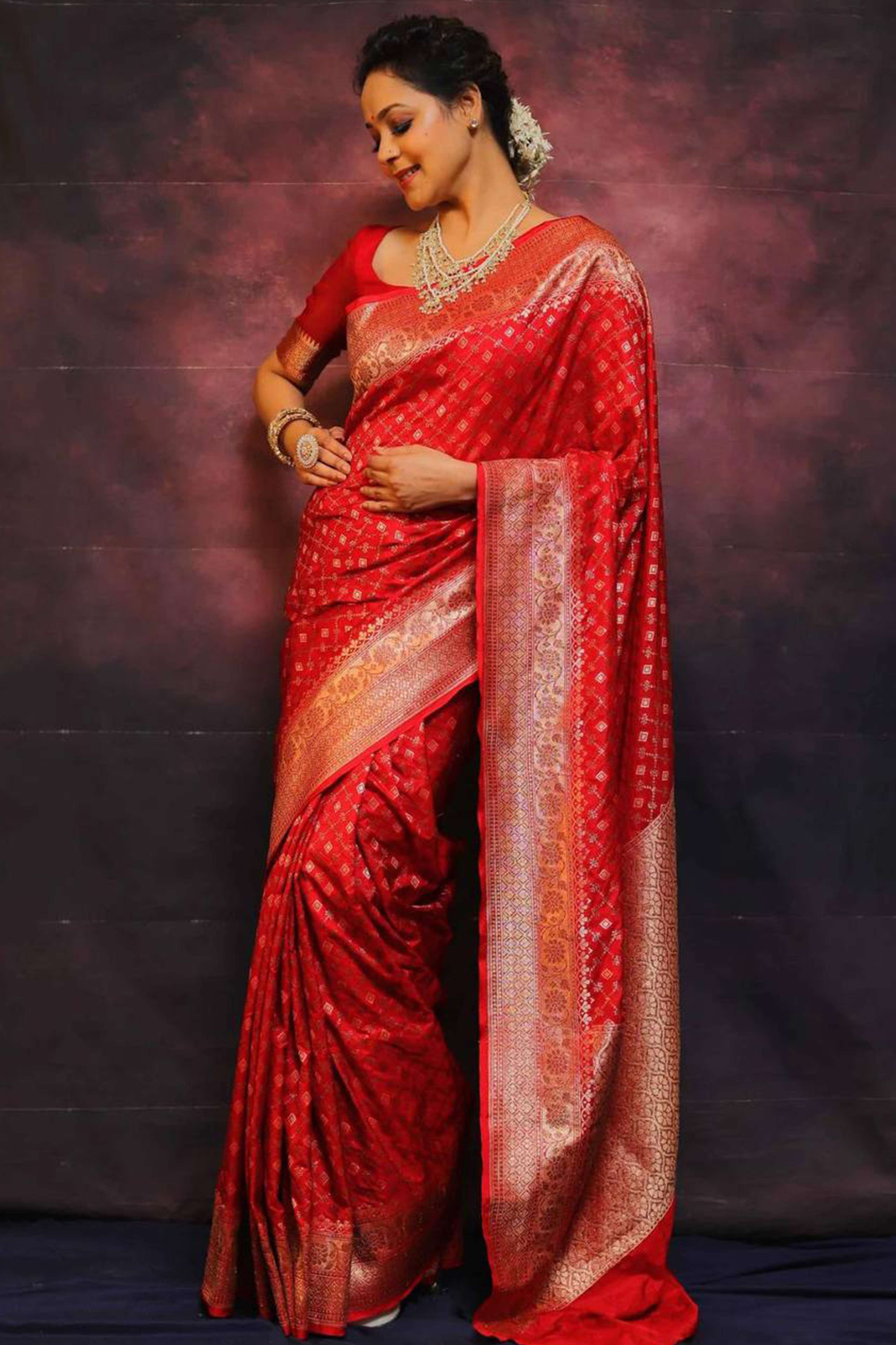 Red Floral Woven Lichi Banarasi Silk Saree