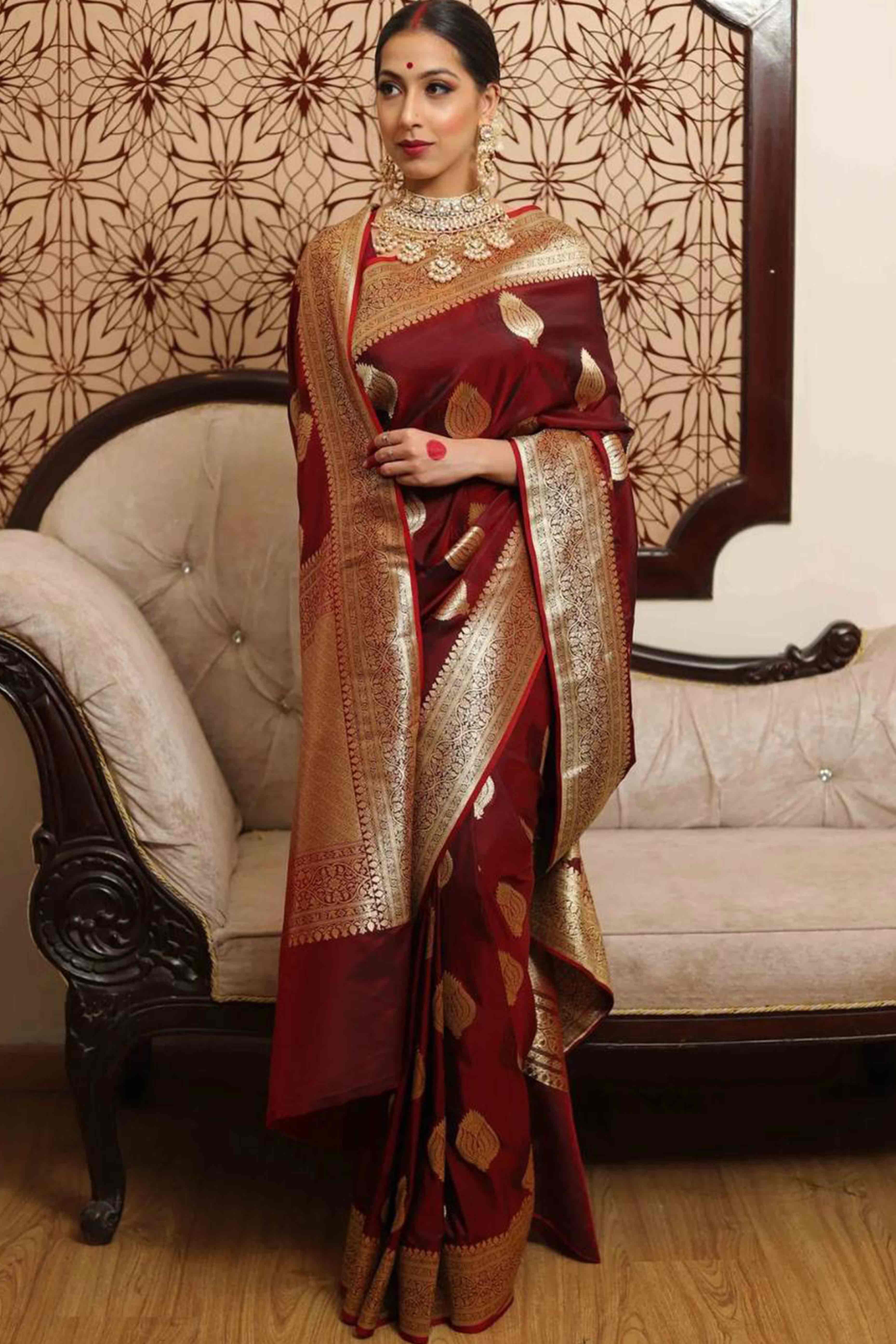 Maroon Floral Woven Lichi Banarasi Silk Saree