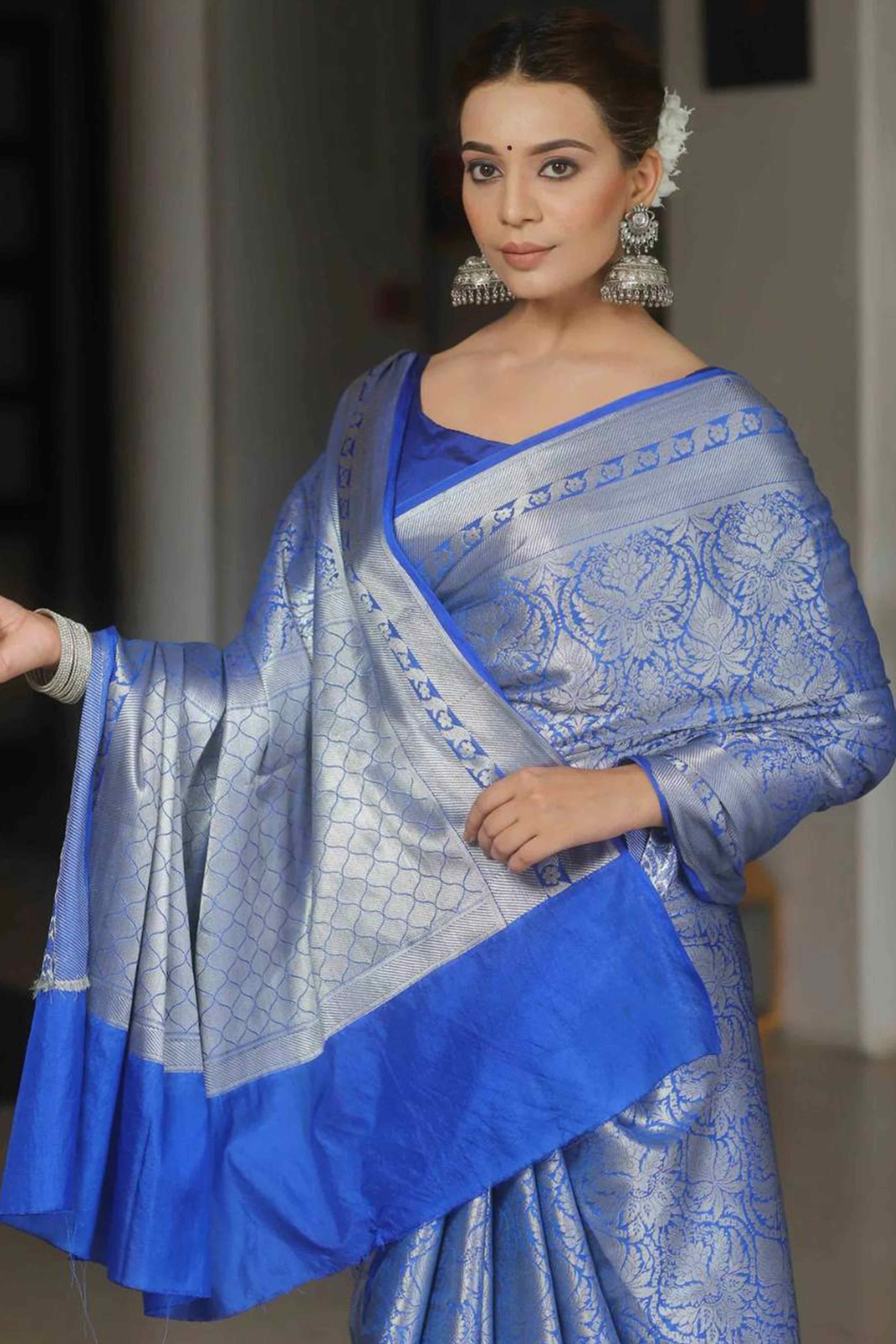 Royal Blue Floral Woven Lichi Banarasi Silk Saree