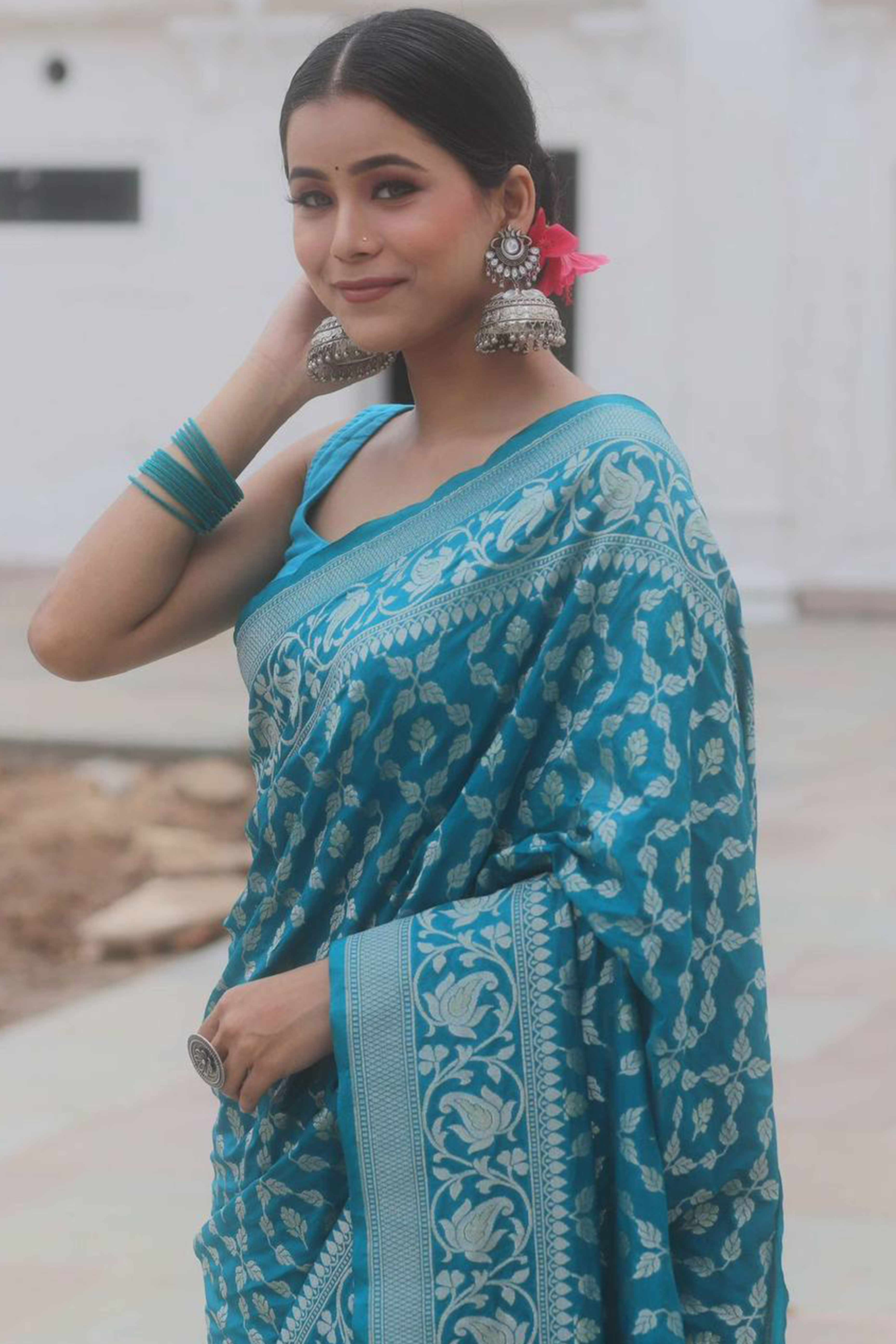 Turquoise Floral Woven Banarasi Silk Saree