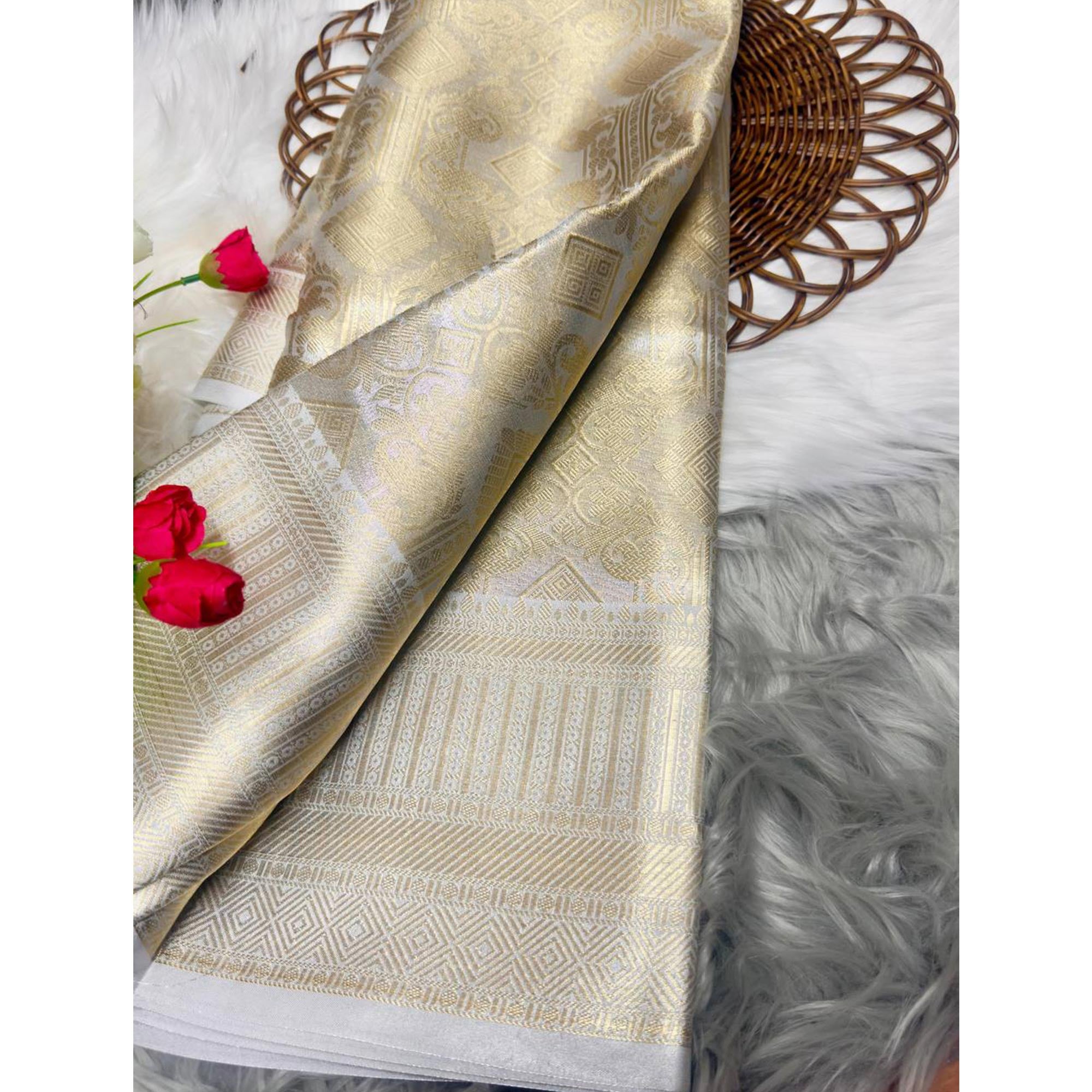 Handloom Banarasi Golden Tissue Silk Saree Adorned with Intricate Traditional Patterns
