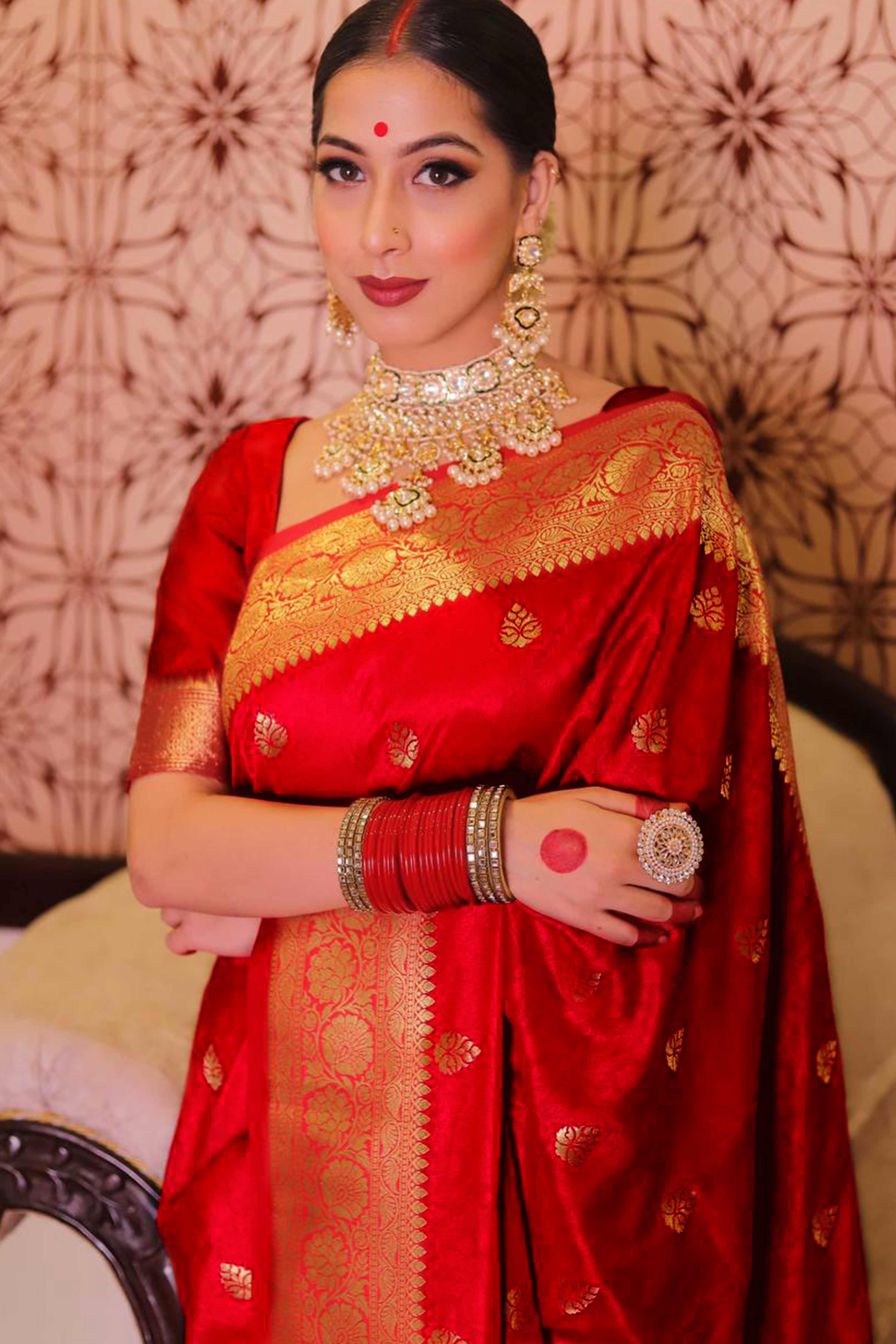 Red Zari Butti Embellished Banarasi Silk Saree Offering Timeless Grace and Festive Charm