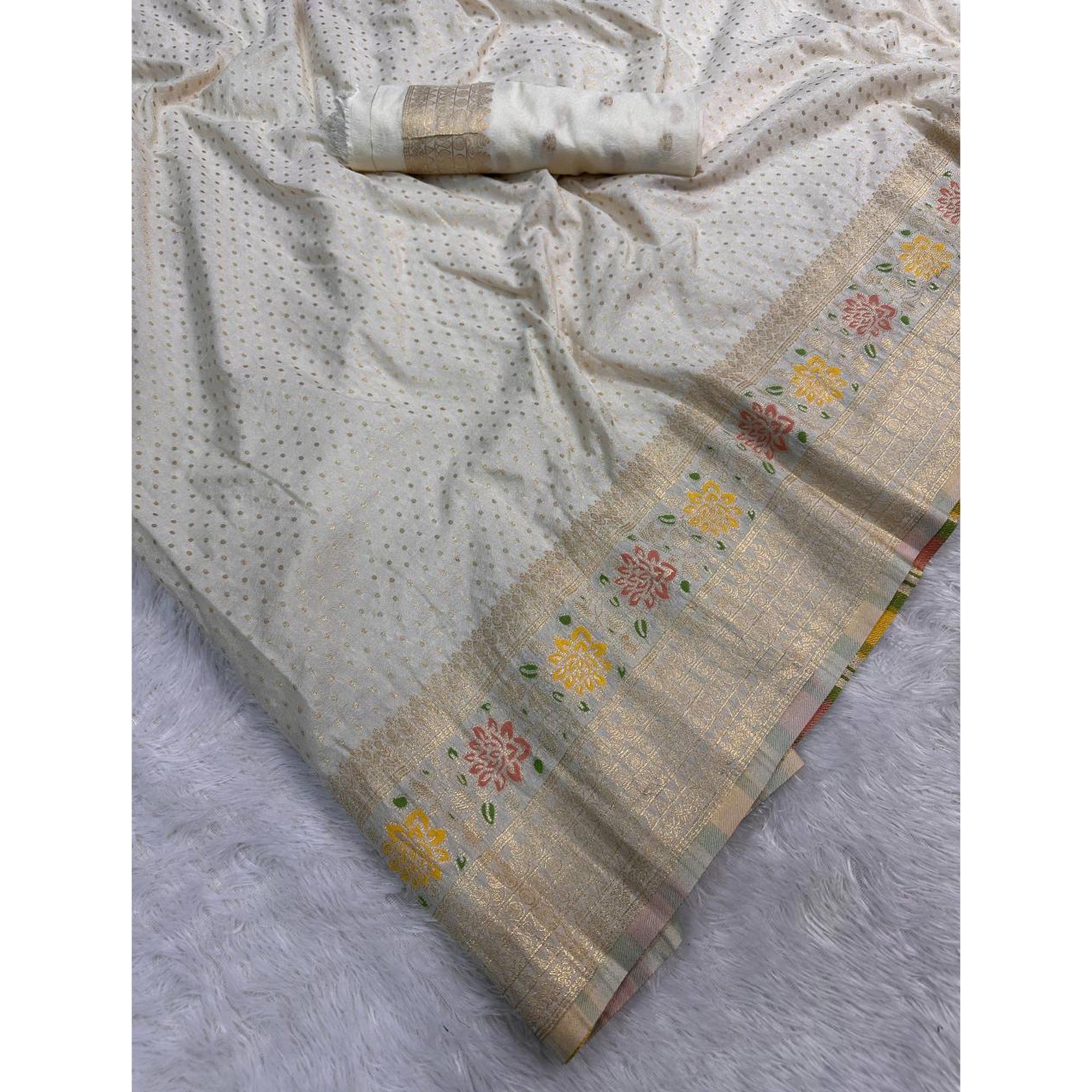 Off White Saree in Pure Georgette Featuring Delicate Zari Butti Work