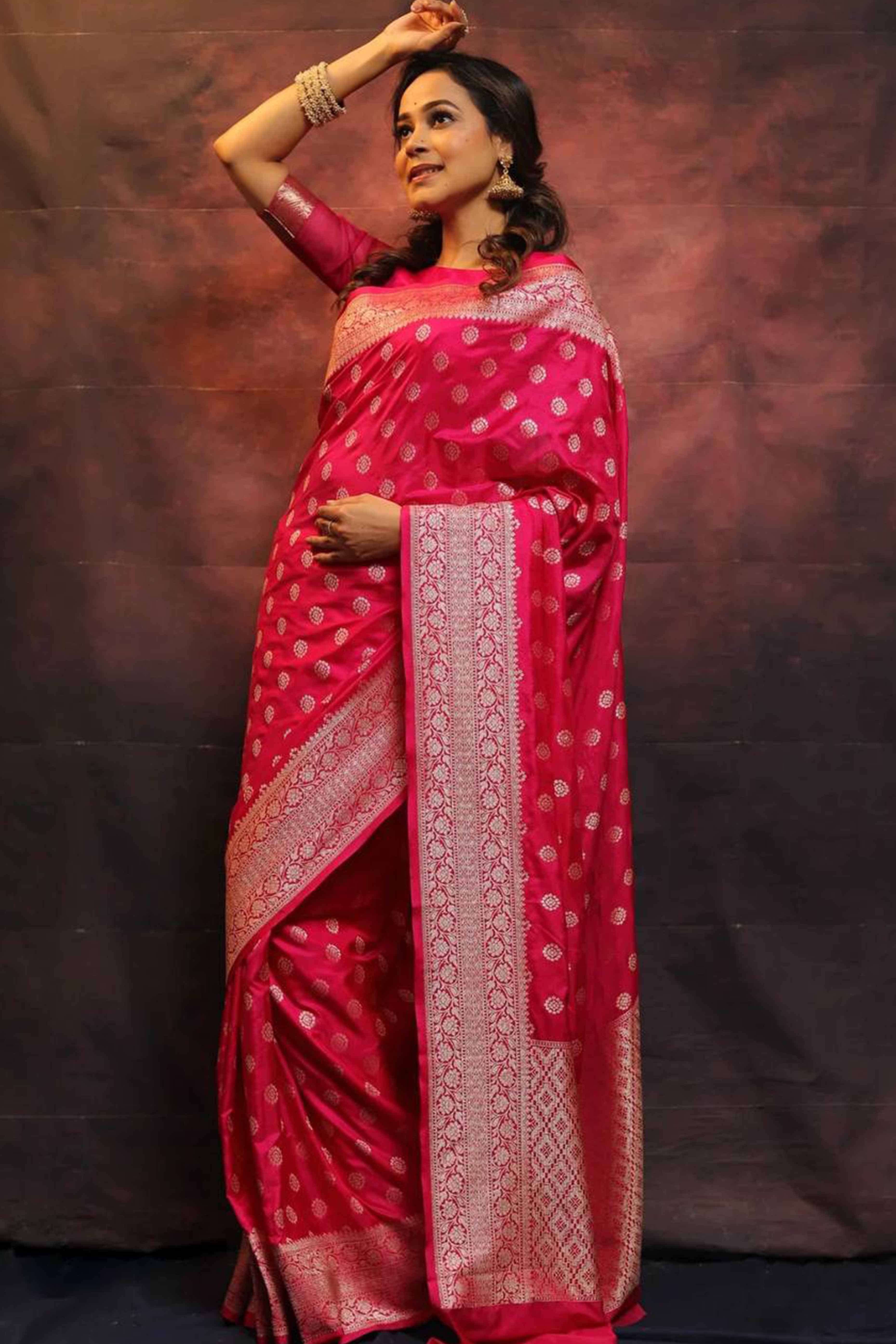 Rich Pink Banarasi Saree in Pure Silk with Traditional Zari Butti Weaving
