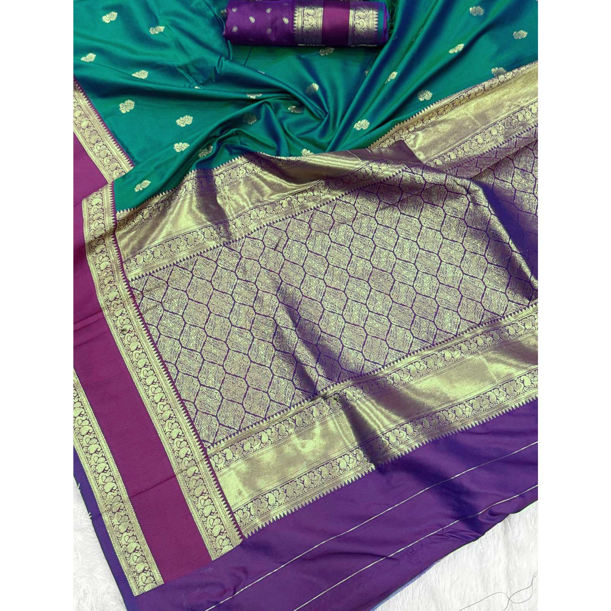 Morpich Green Luxurious Kanjivaram Silk Saree Featuring Ornate Zari Butti Motifs