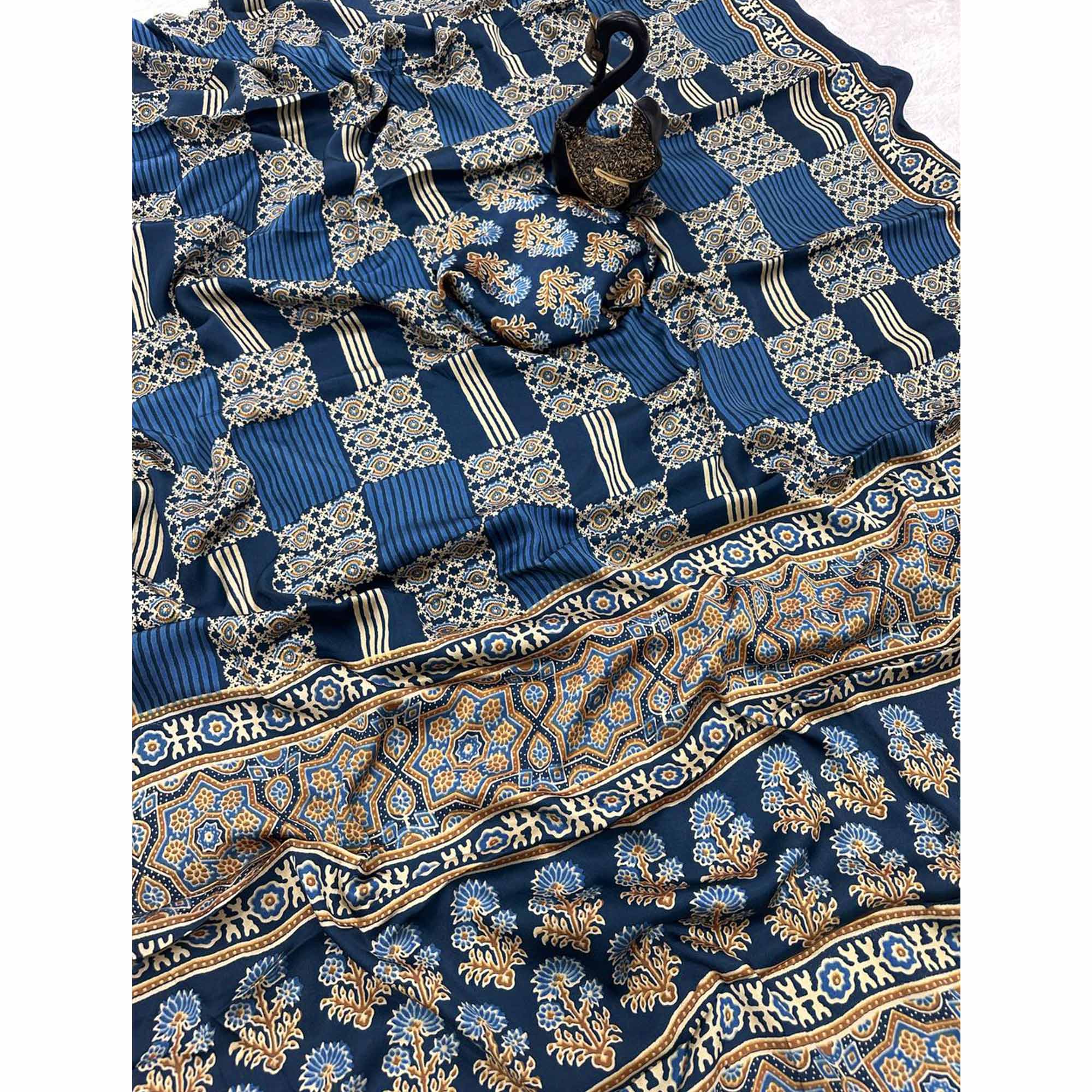 Designer Teal Ajrakh Print Pure Silk Saree for Special Occasions