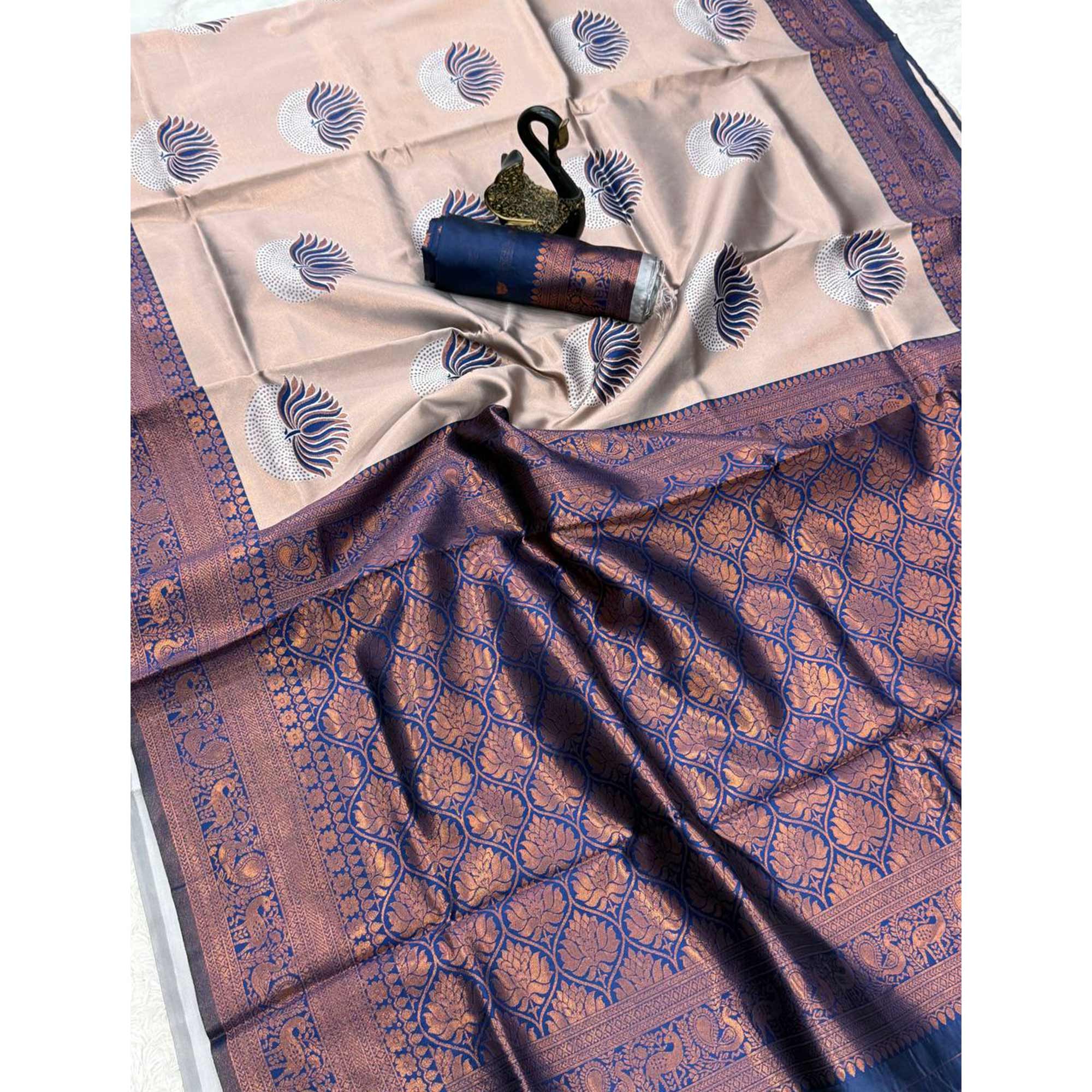 Navy Blue Floral Zari Weaving Banarasi Silk Saree Embellished With Intricate Unique Border & Pallu