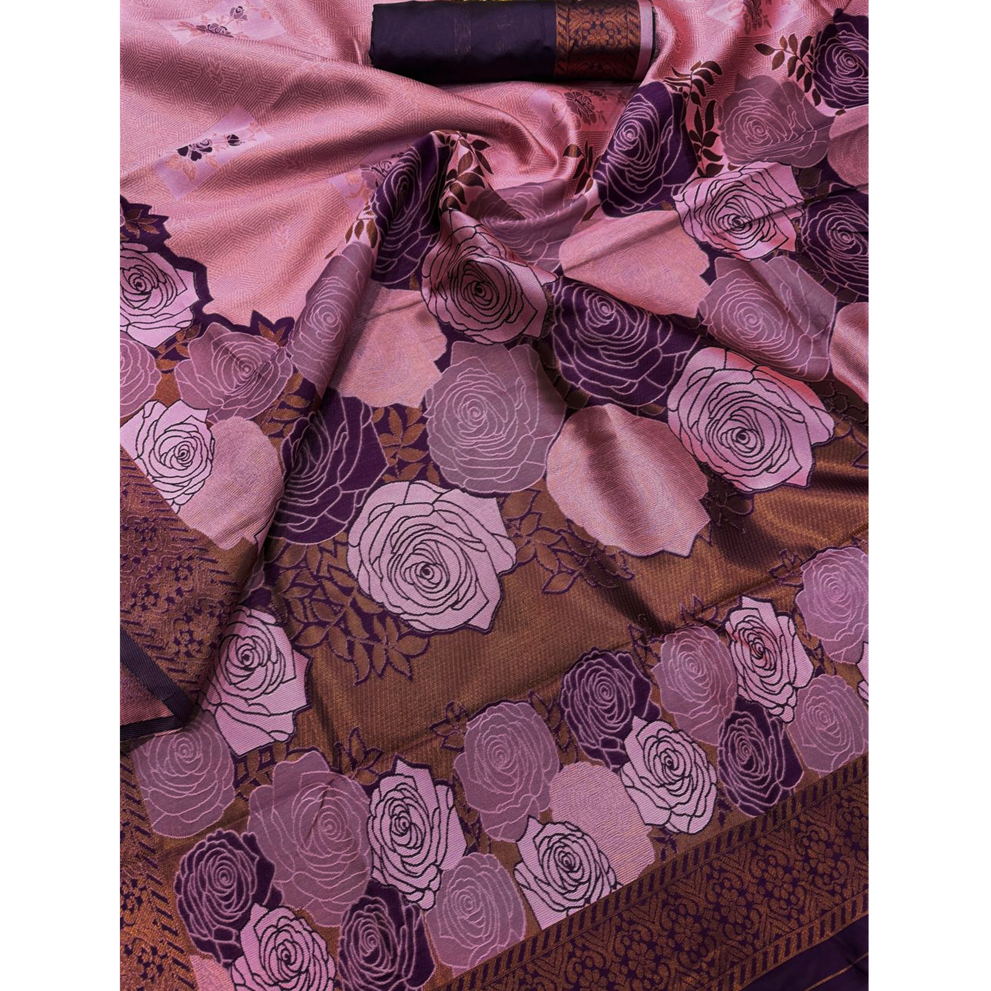 Pink Handloom Banarasi Silk Saree Enhanced with Artistic Floral Zari Weaving for Timeless Appeal