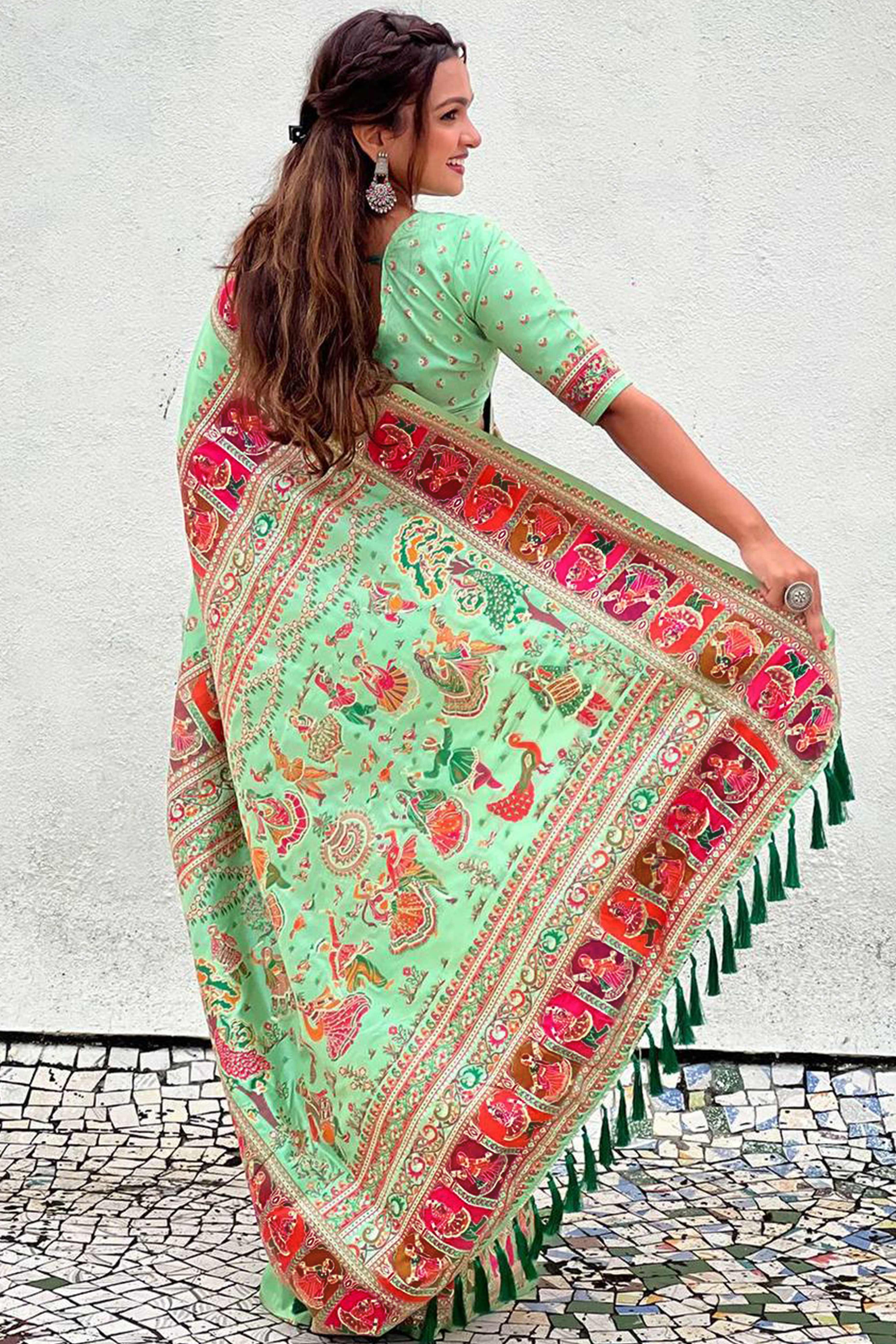 Pista Green Pashmina Silk Saree Enhanced with Intricate Rajwadi Zari Weaves for Festive Elegance