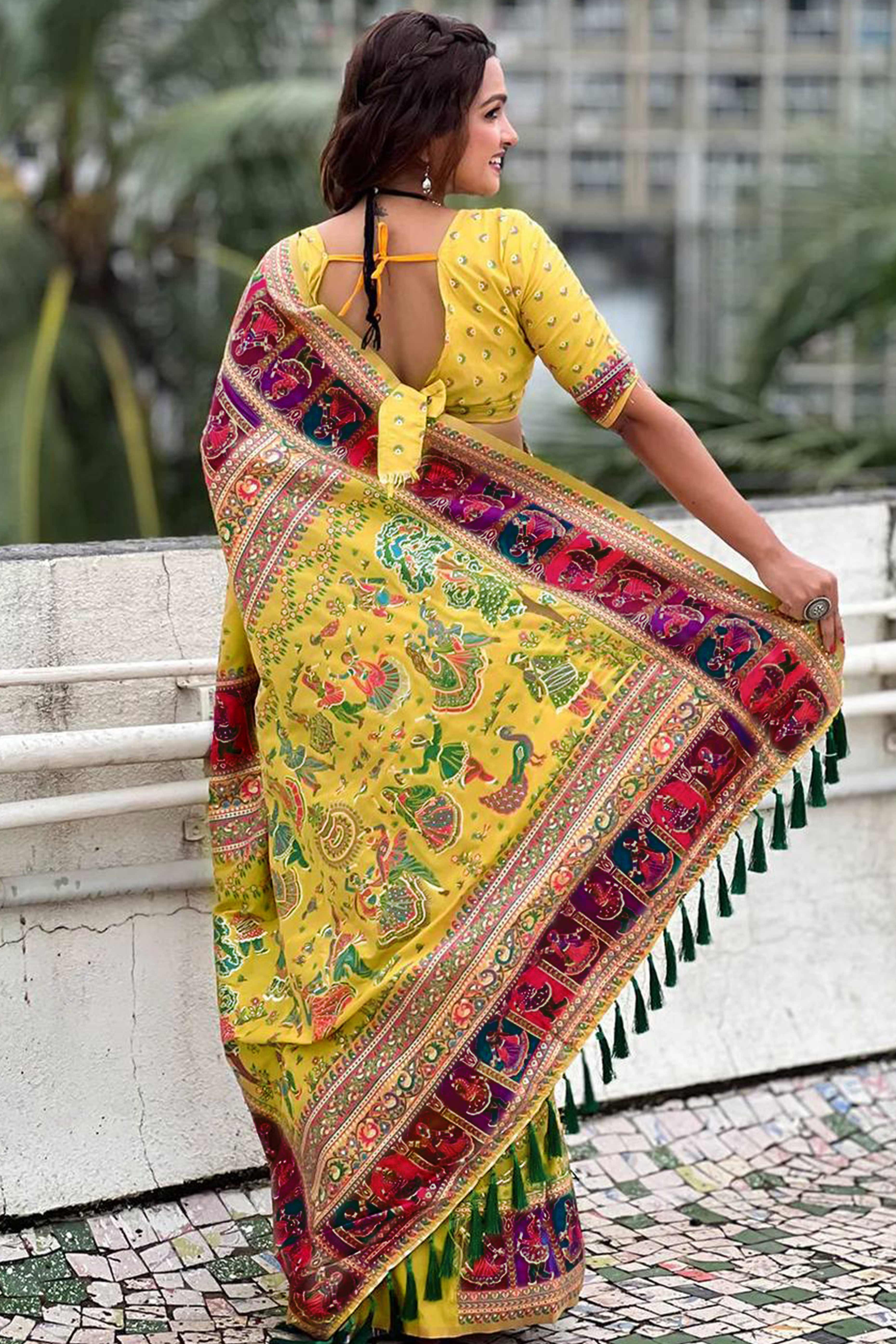 Yellow Pashmina Silk Saree Enhanced with Intricate Rajwadi Zari Weaves for Festive Elegance