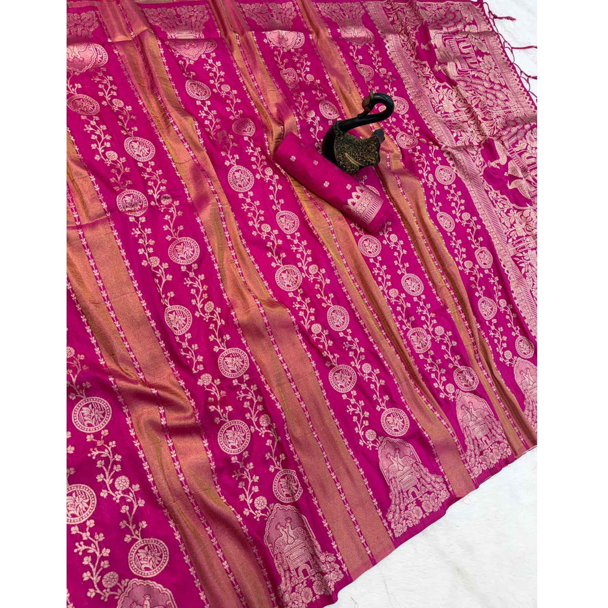 Pink Festive Wear Chinya Tissue Silk Saree Enhanced with Intricate Zari Weaving Detailing