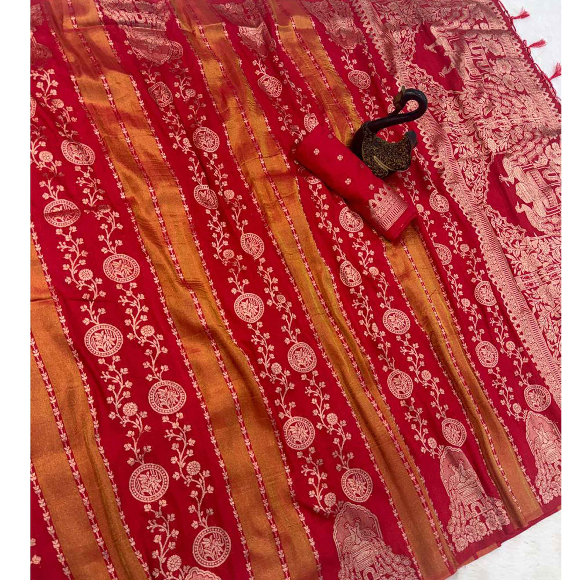 Red Festive Wear Chinya Tissue Silk Saree Enhanced with Intricate Zari Weaving Detailing