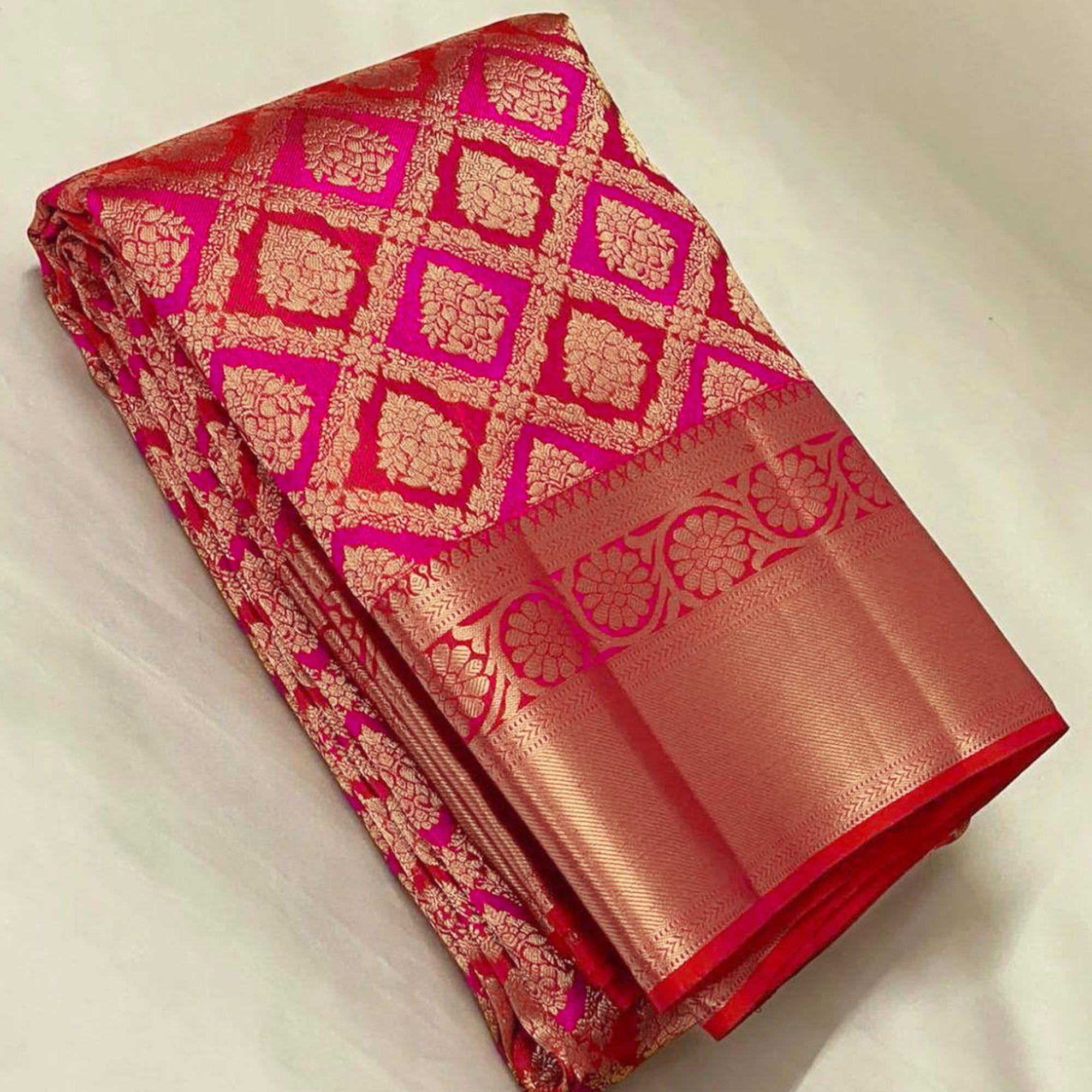 Rani Pink Floral Woven Lichi Banarasi Silk Saree