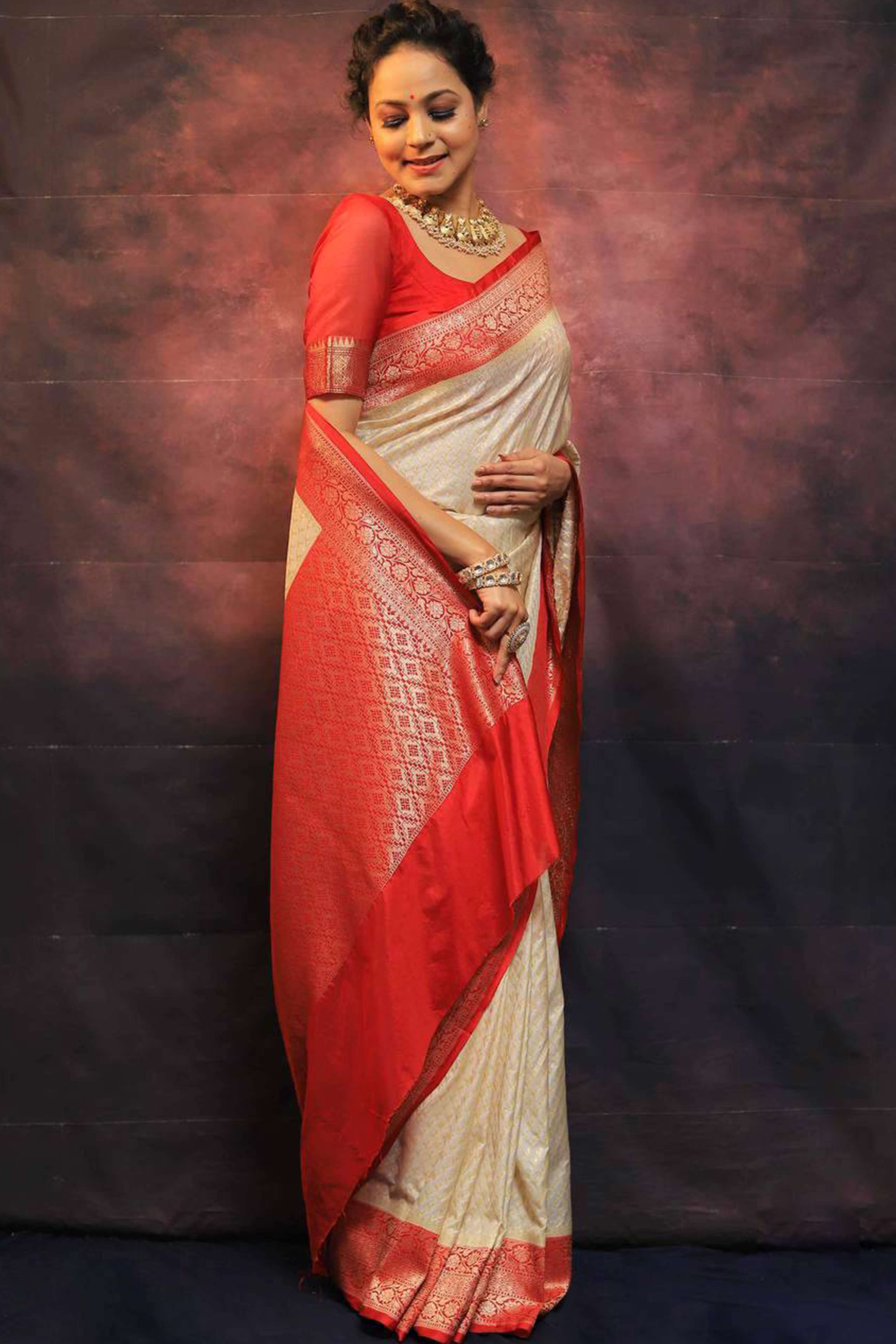 Cream & Red Woven Lichi Banarasi Silk Saree