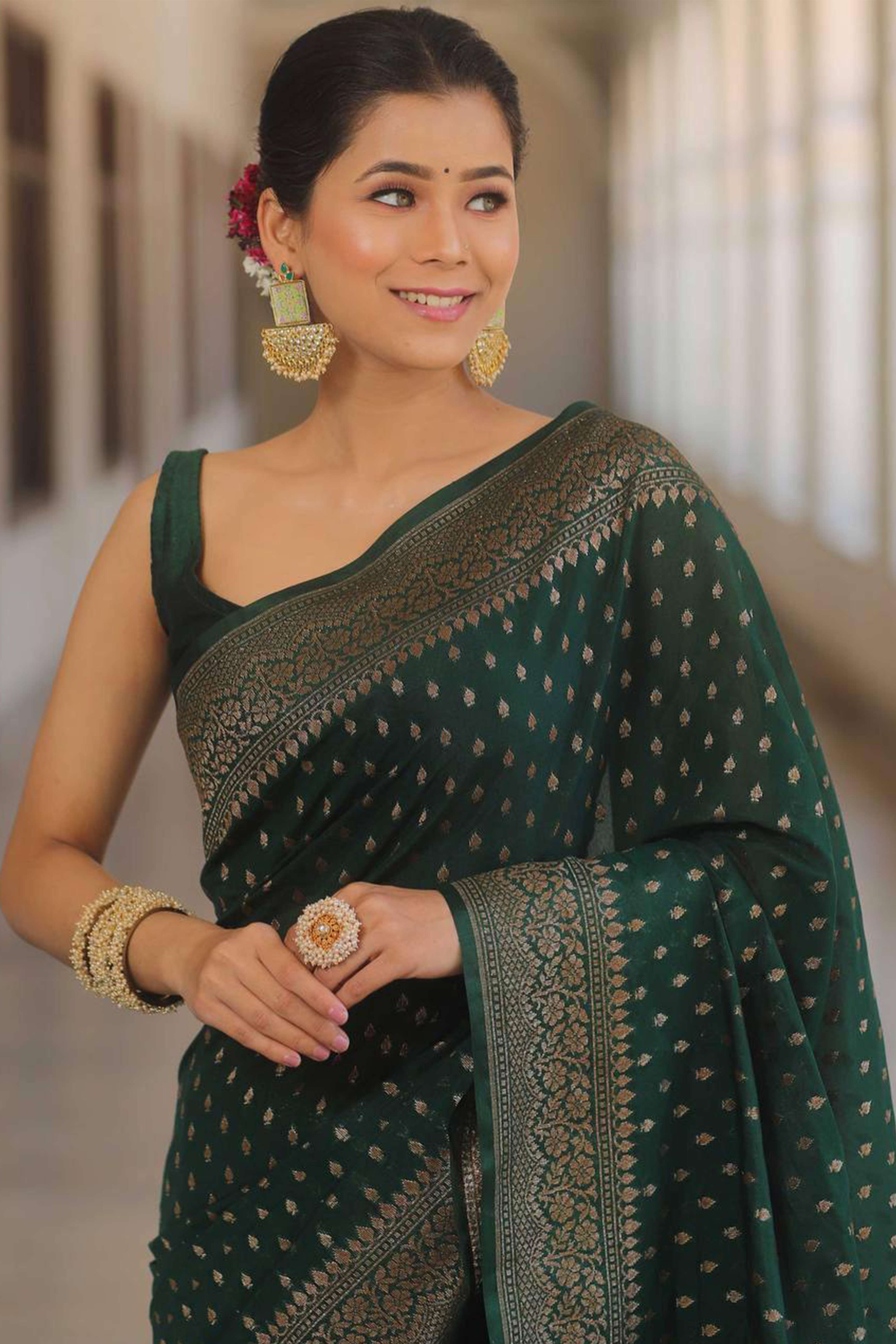 Green Floral Woven Lichi Banarasi Silk Saree