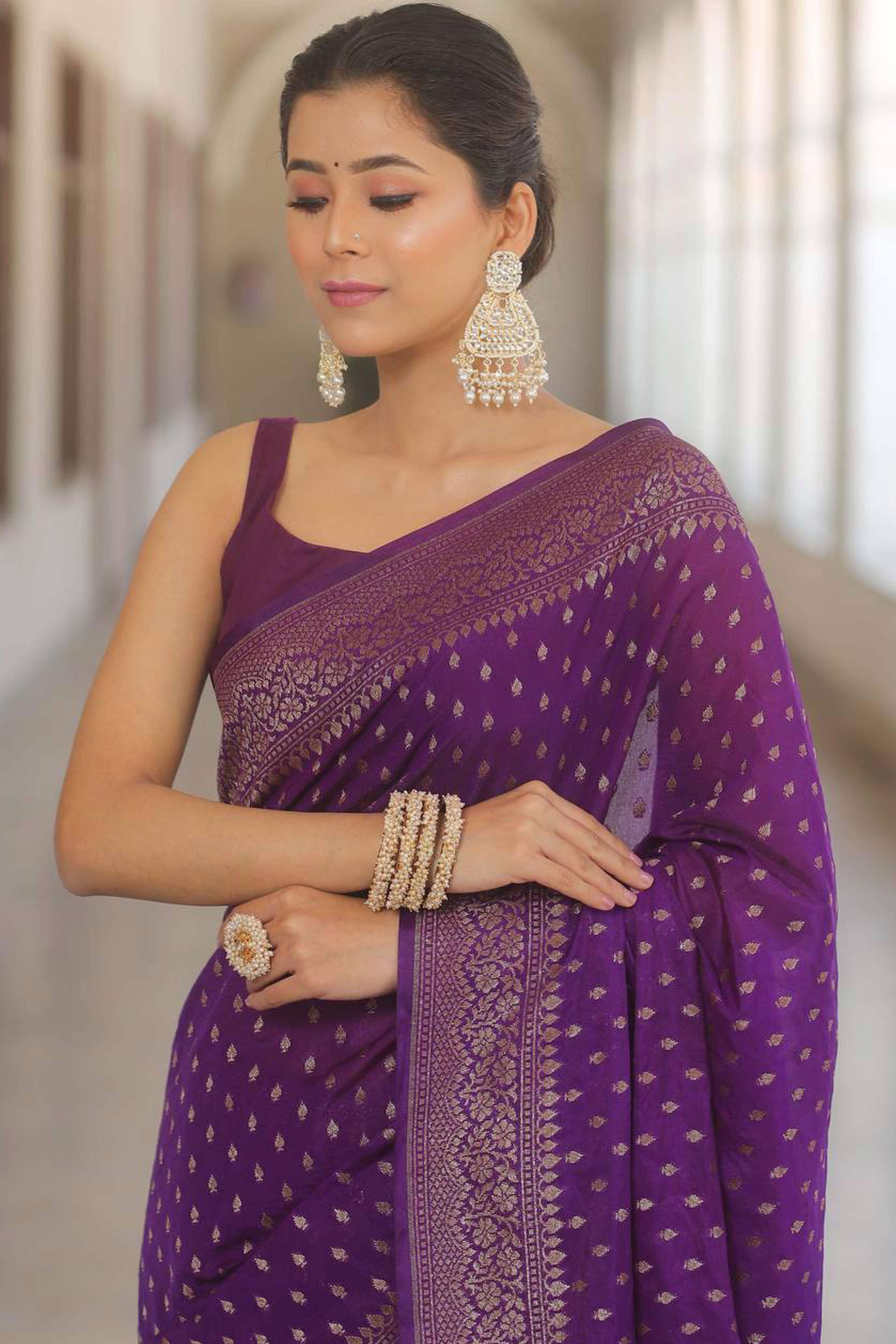 Violet  Floral Woven Lichi Banarasi Silk Saree