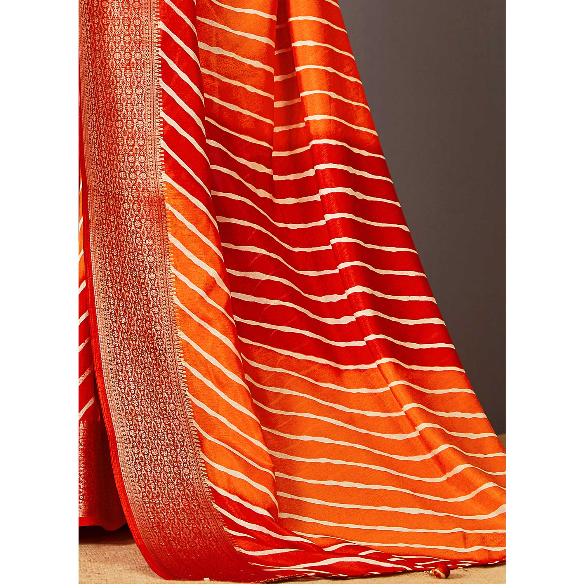 Red & Orange Printed Dola Silk Saree With Zari Border