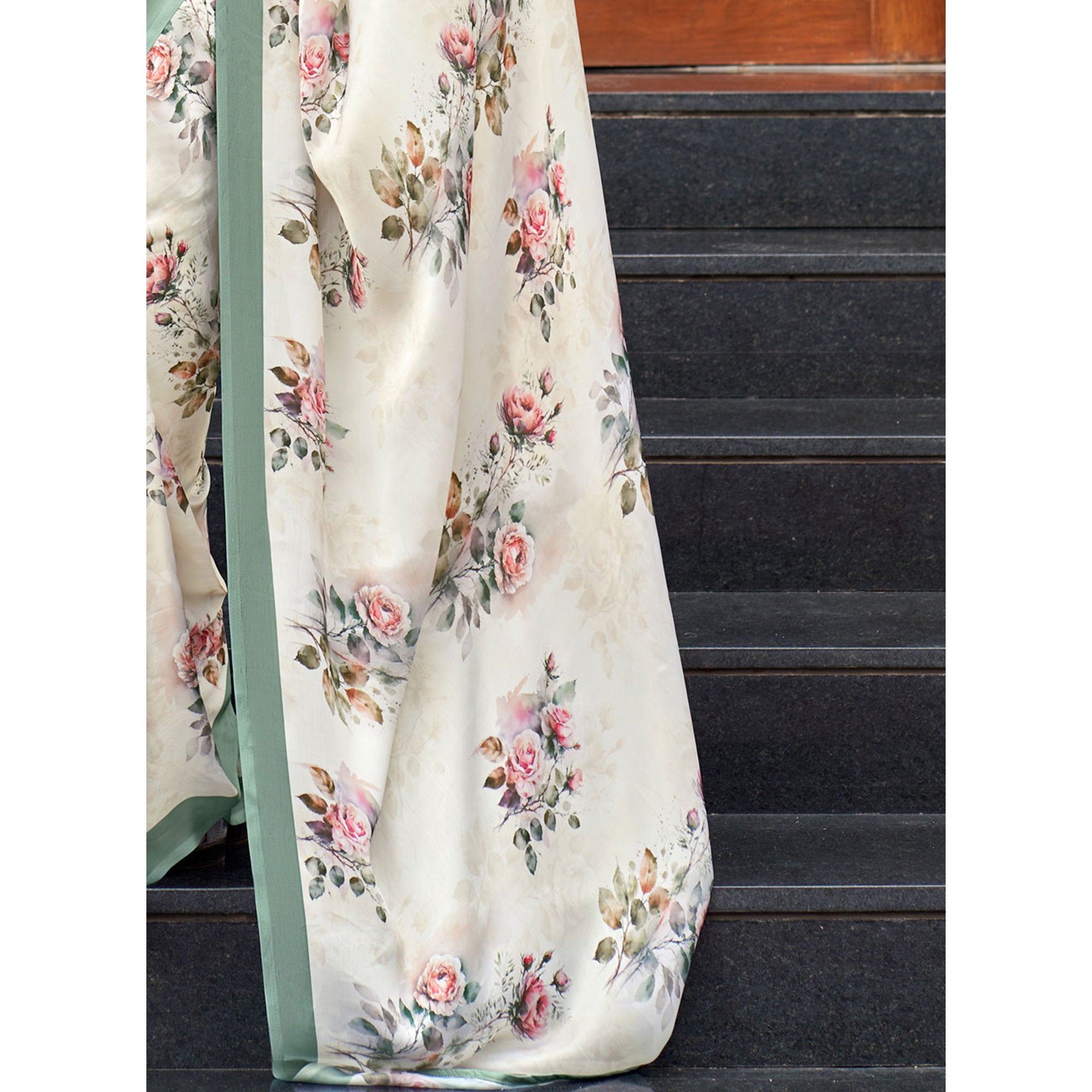 White Floral Digital Printed Satin Saree