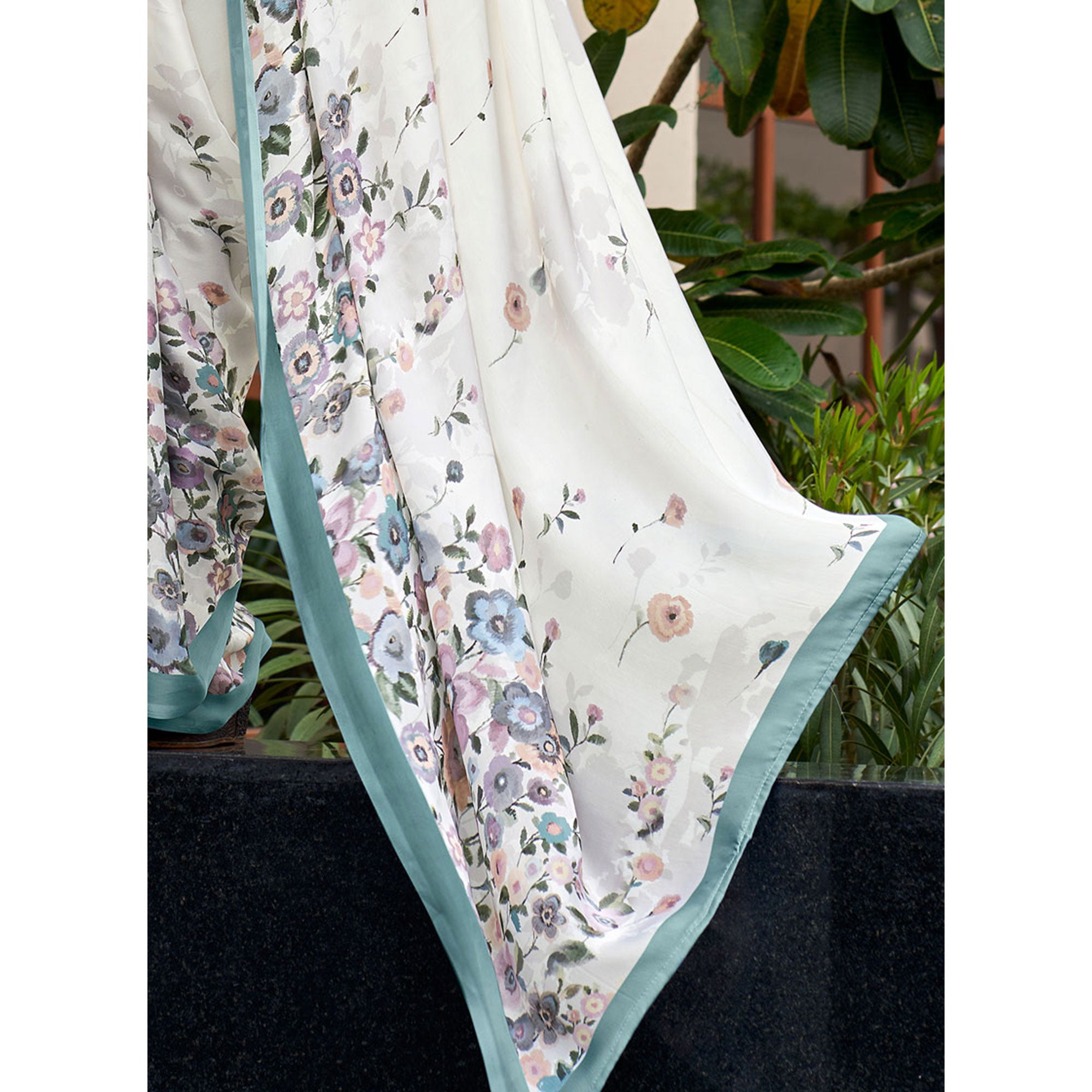 White Floral Digital Printed Satin Saree