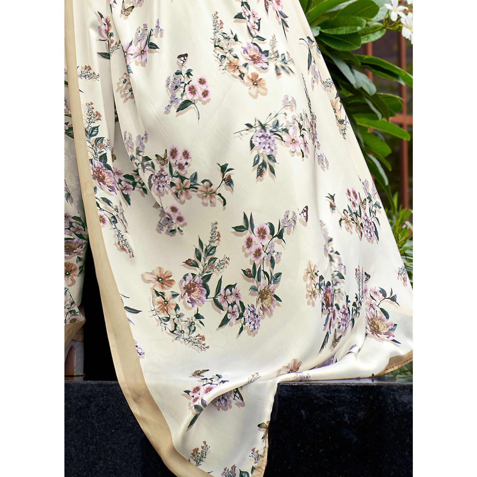 White Floral Digital Printed Satin Saree